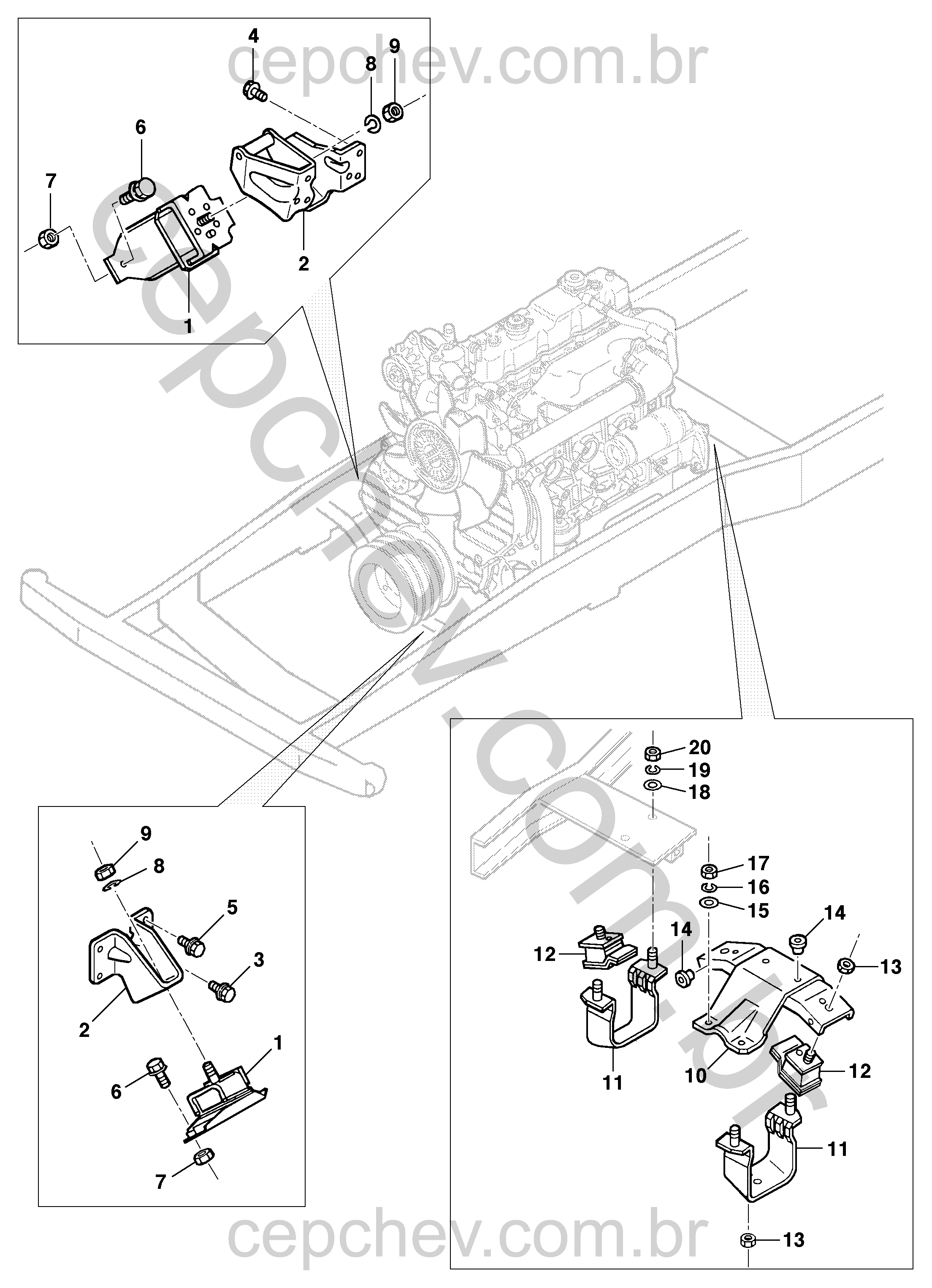 Fixação e suporte dianteiro do motor com coxins e parafusos essenciais