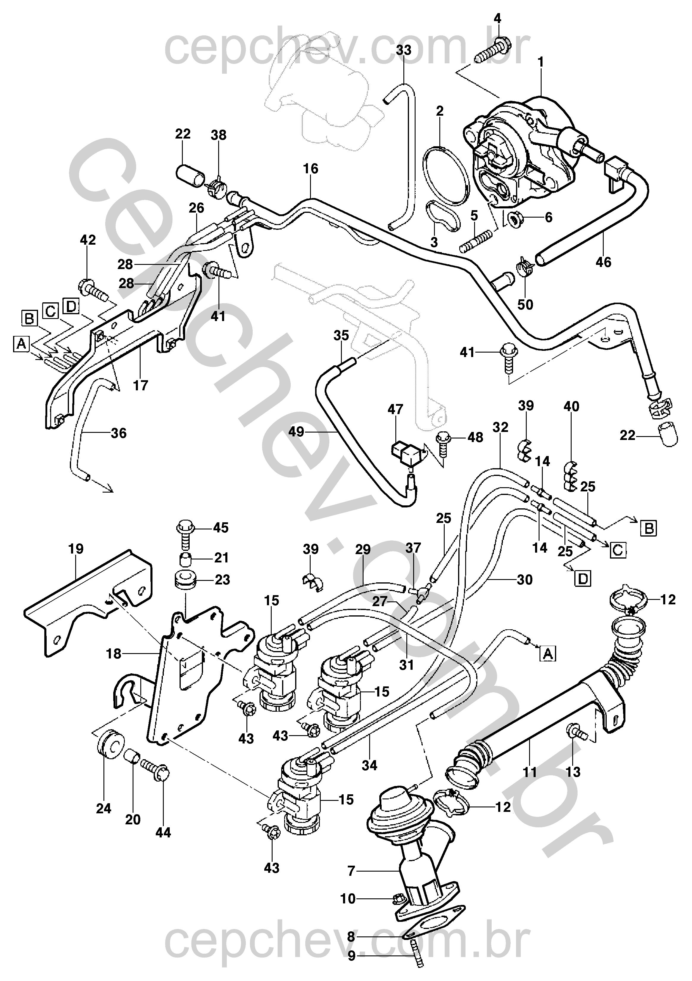 Controle de emissões de gases motor diesel (2002–2004) com válvulas e mangueiras de vácuo