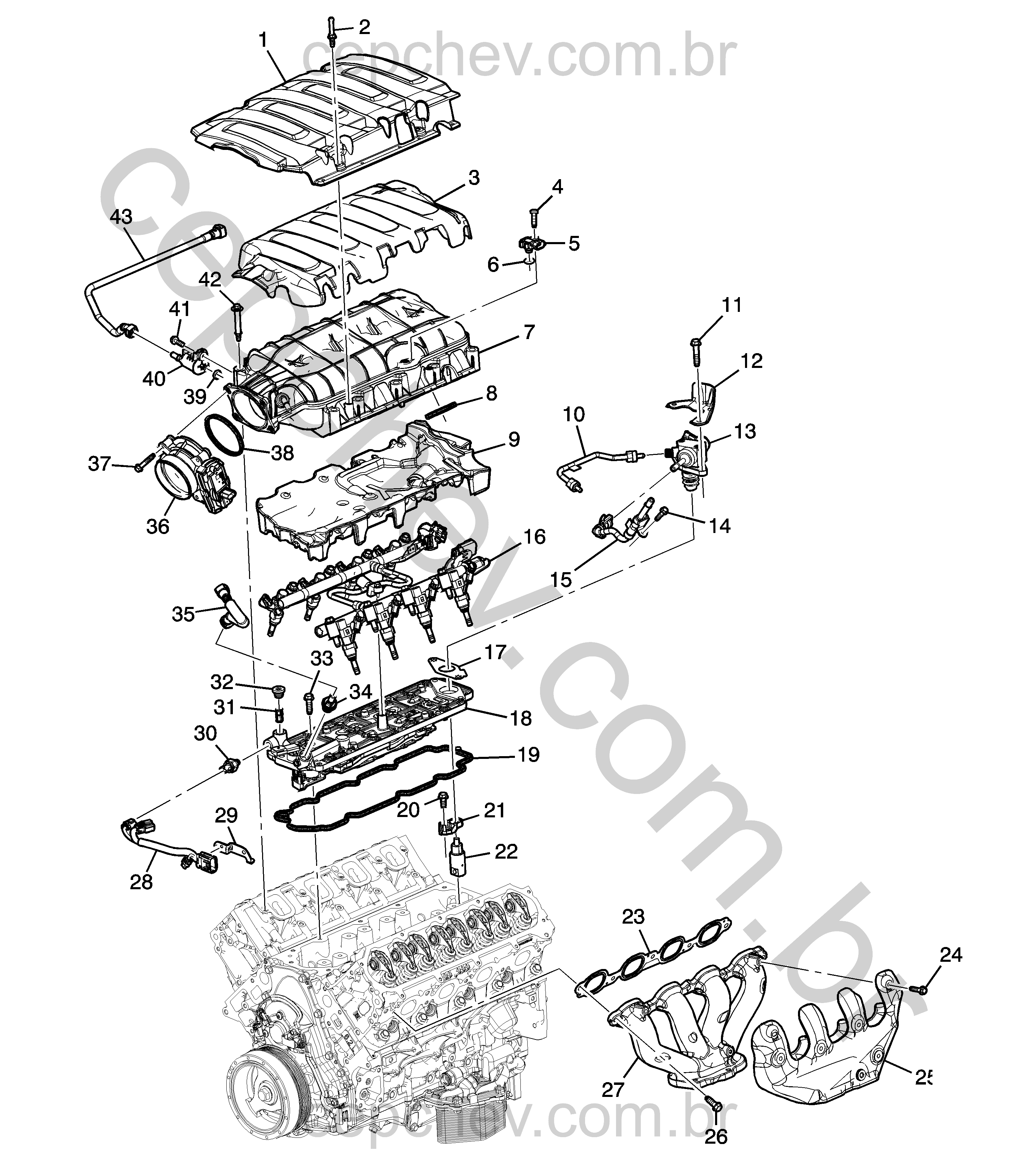 Coletor e peças relacionadas ao motor 6.2L V8 (LT1/6,2-7)