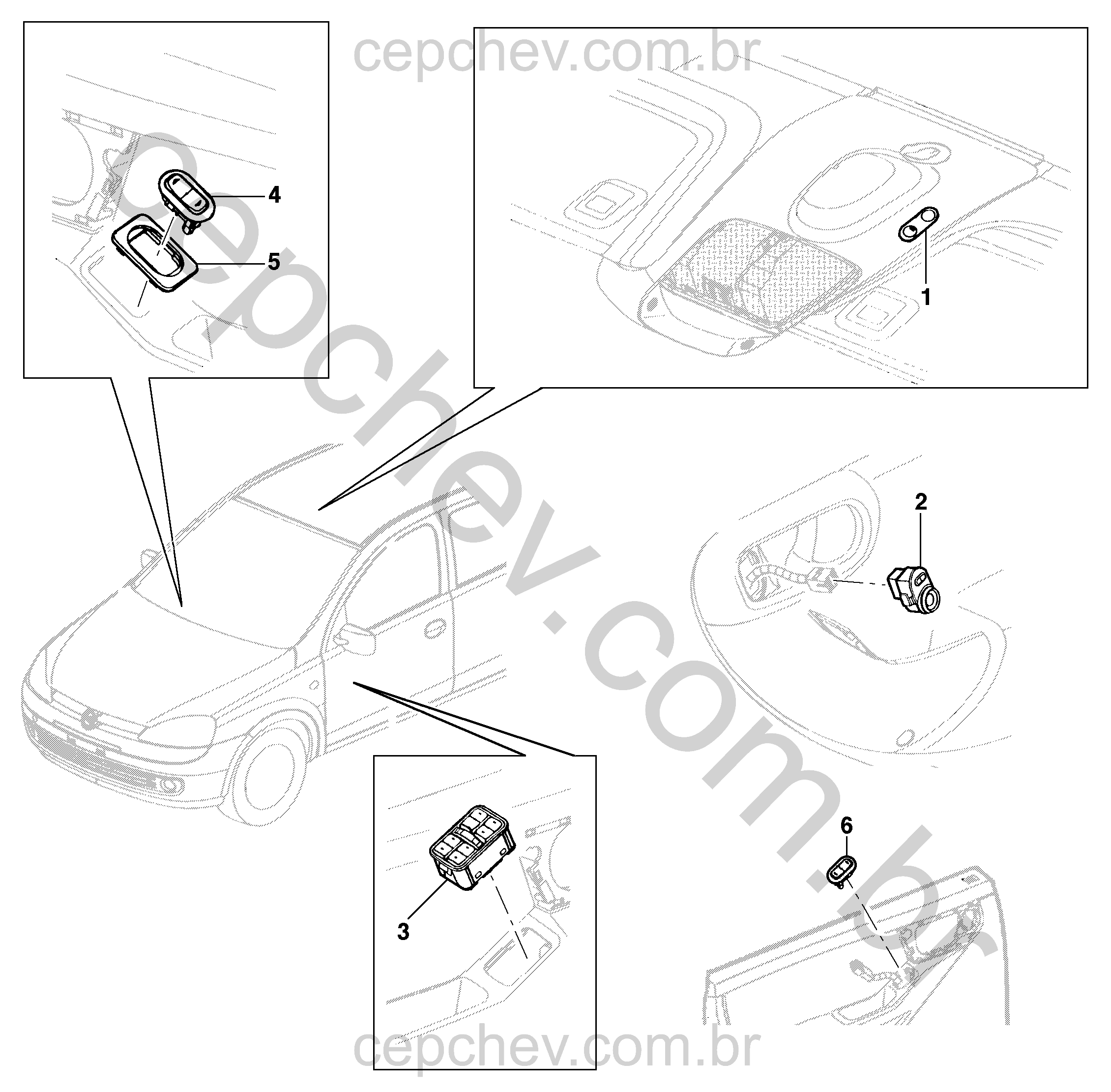 Interruptores para controle dos vidros, teto e espelhos retrovisores