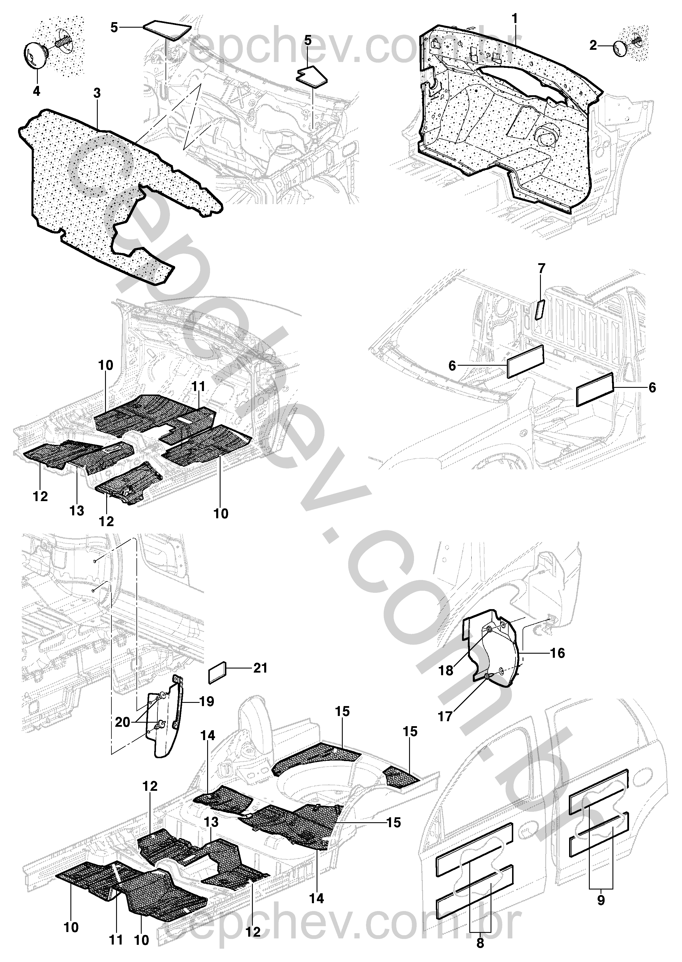 Isolantes e anti-ruído para painel, assoalho e portas de sedan, hatch e pick-up