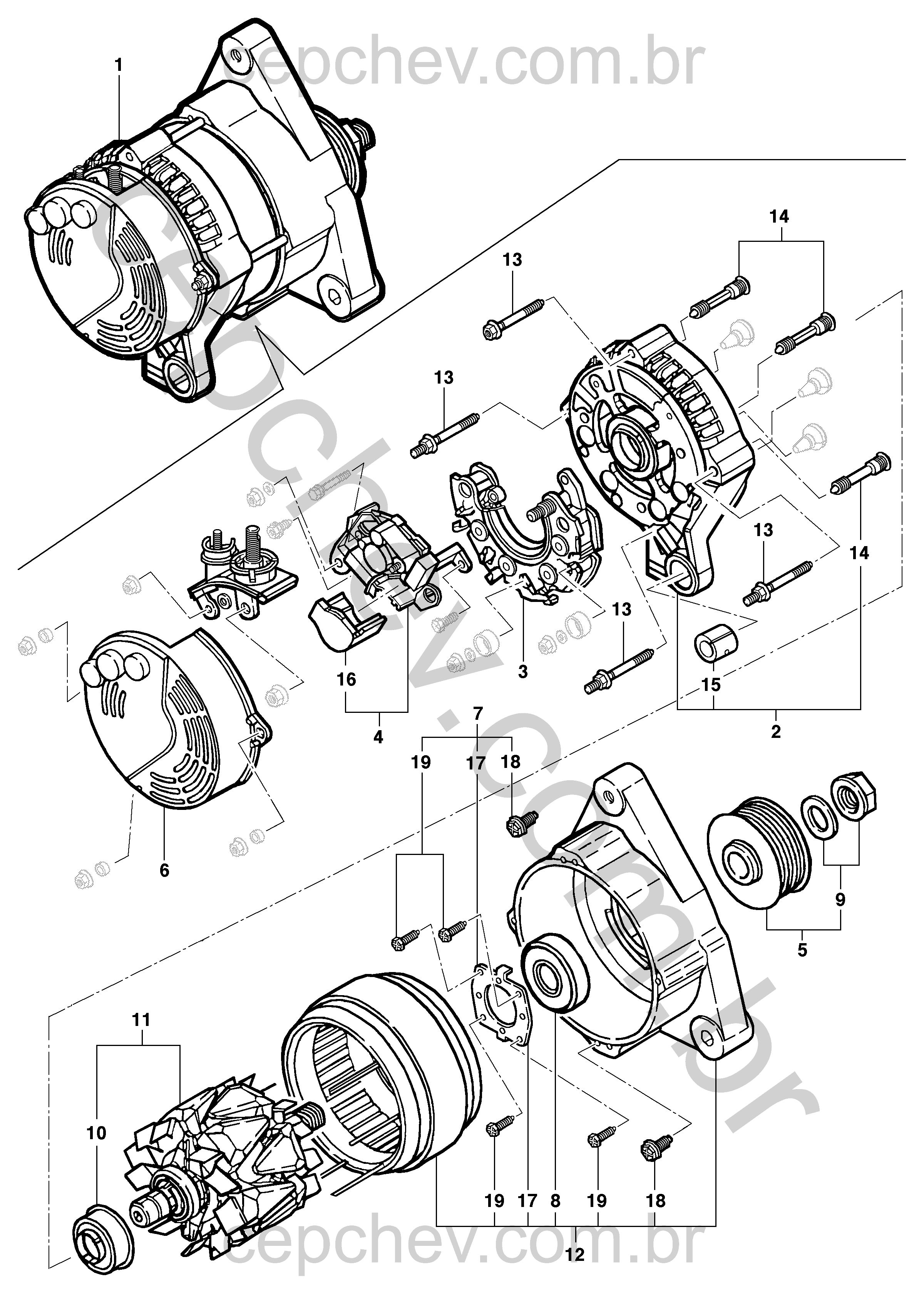 Conjunto gerador 55A Denso com rotor, retificador, escovas e rolamentos