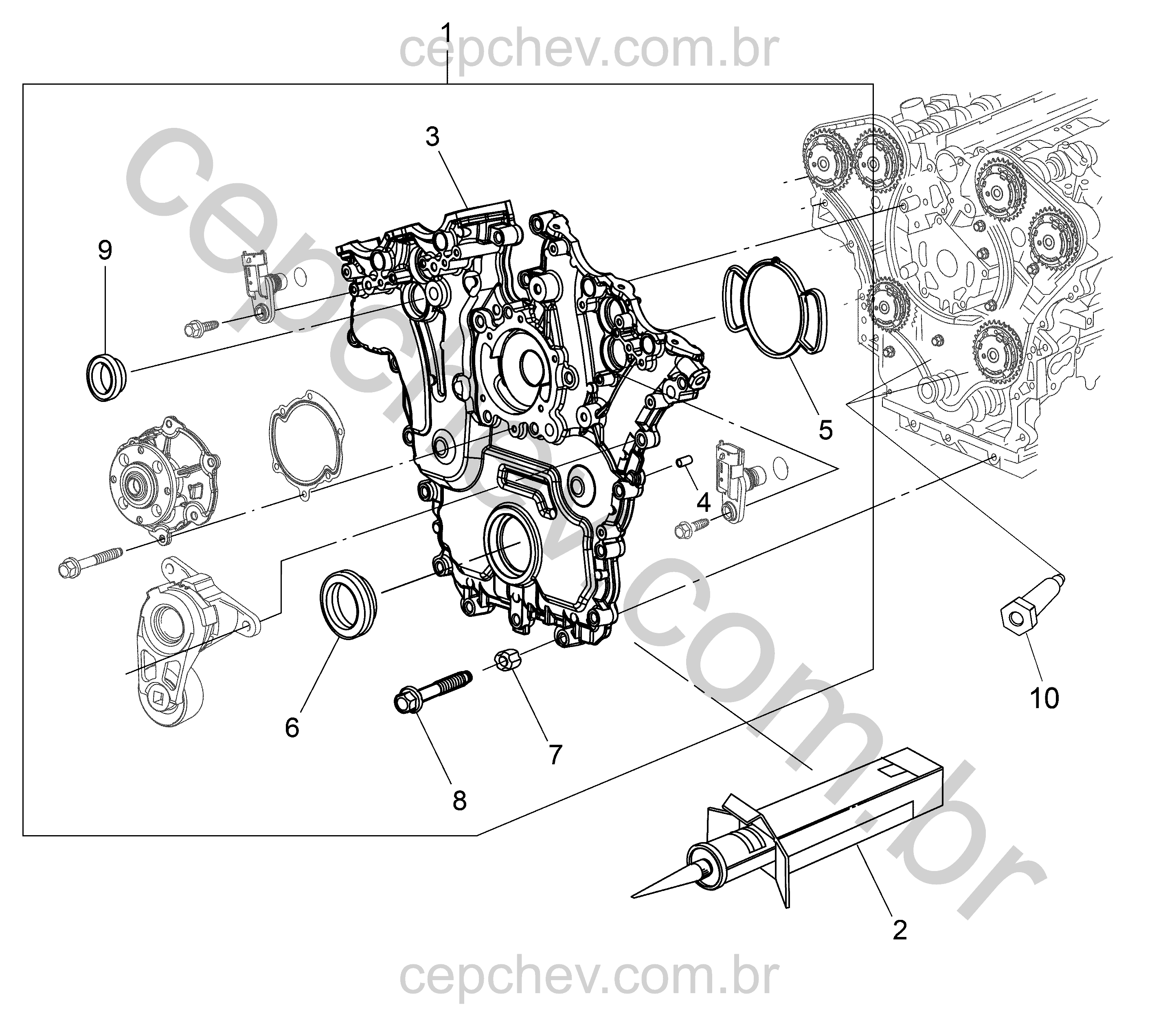 Caixa da engrenagem de regulagem e tampa dianteira do motor
