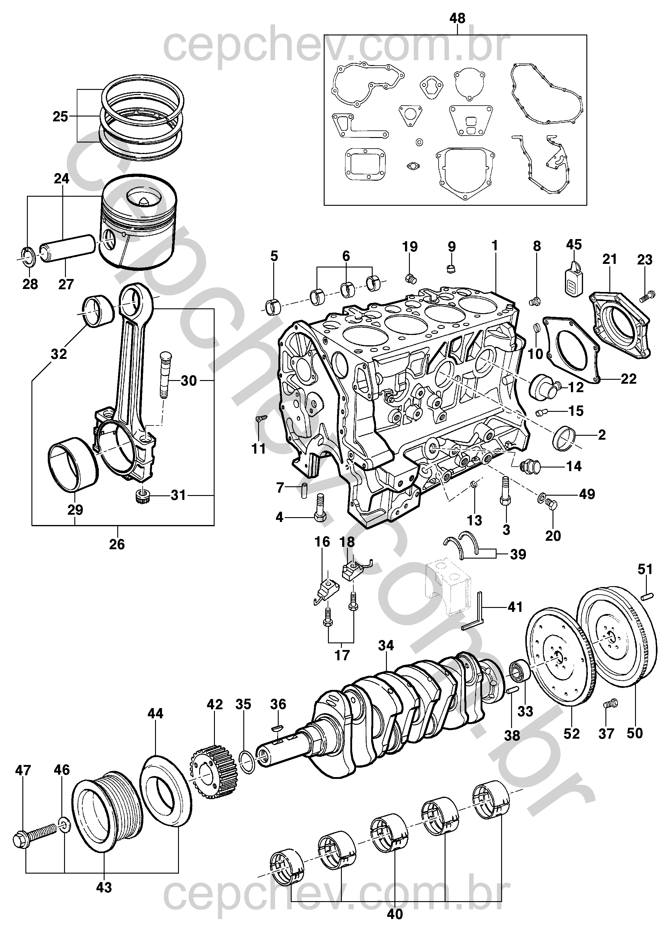 Bloco de cilindros e componentes do motor LK6