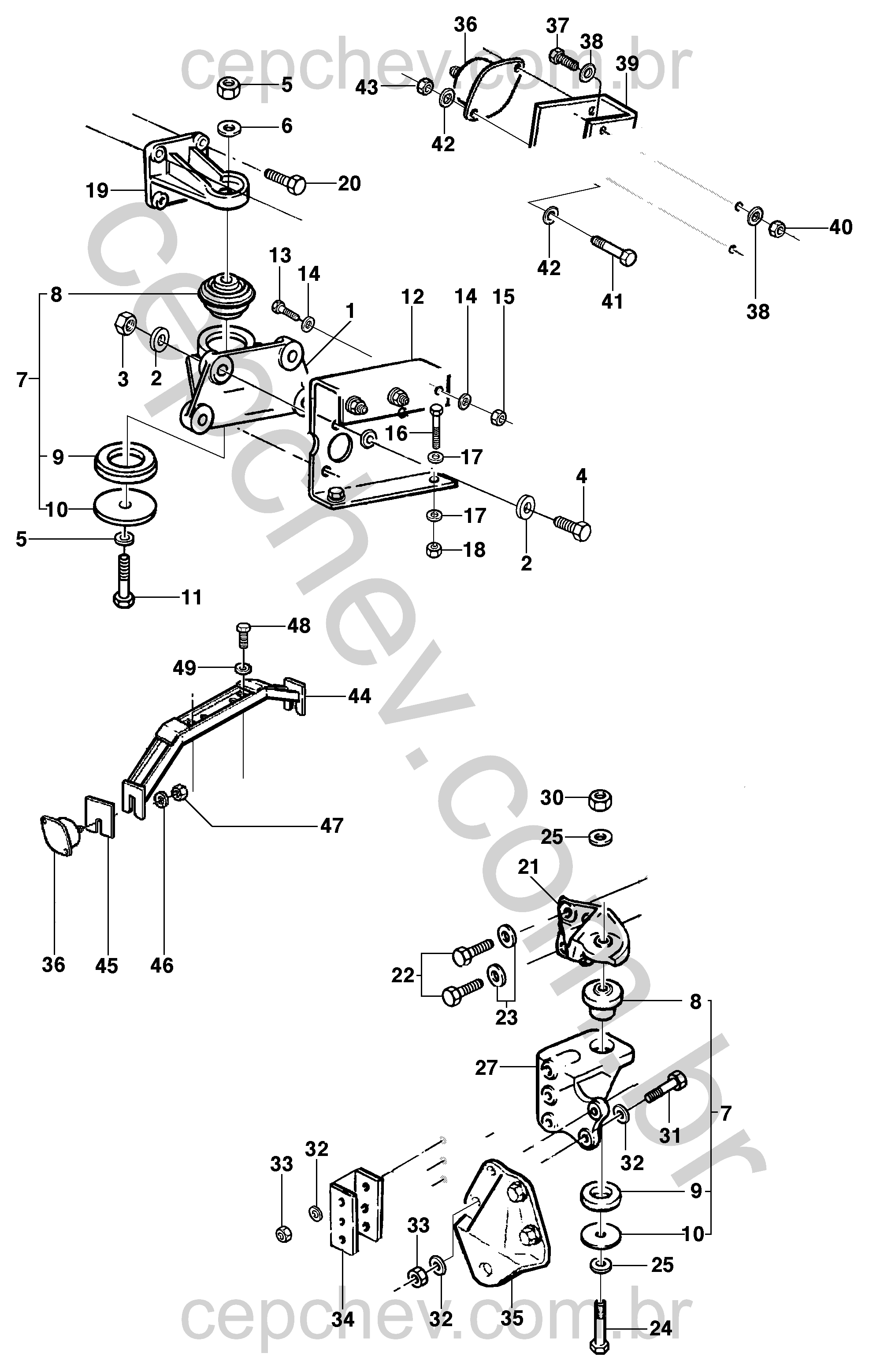 Fixação do motor para modelos 12/14/16 com suportes, coxins e reforços variados