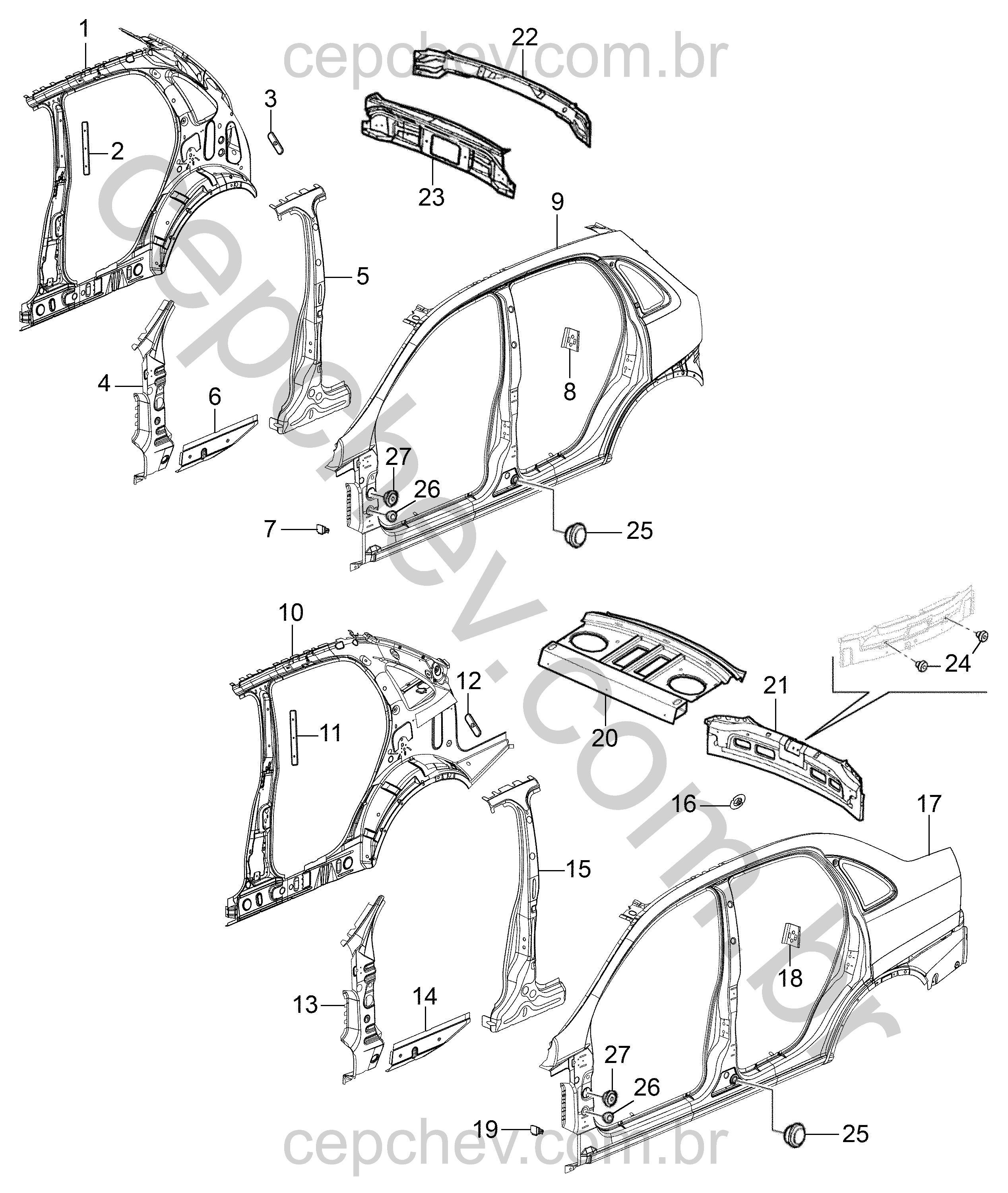 Painel lateral e traseiro para sedan e hatch