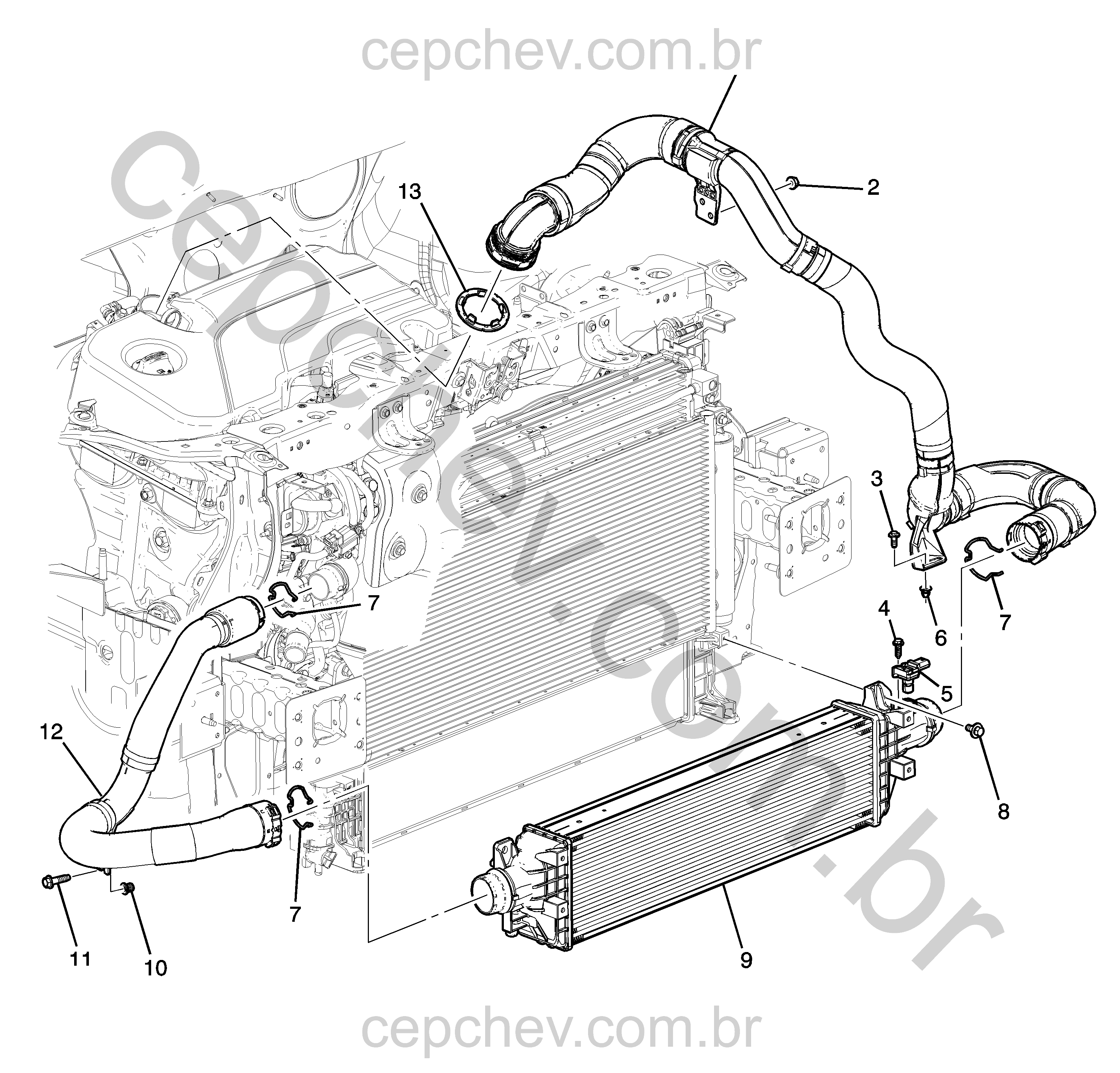 Sistema intercooler do turbo alimentador 1.4P com mangueiras e sensores de pressão