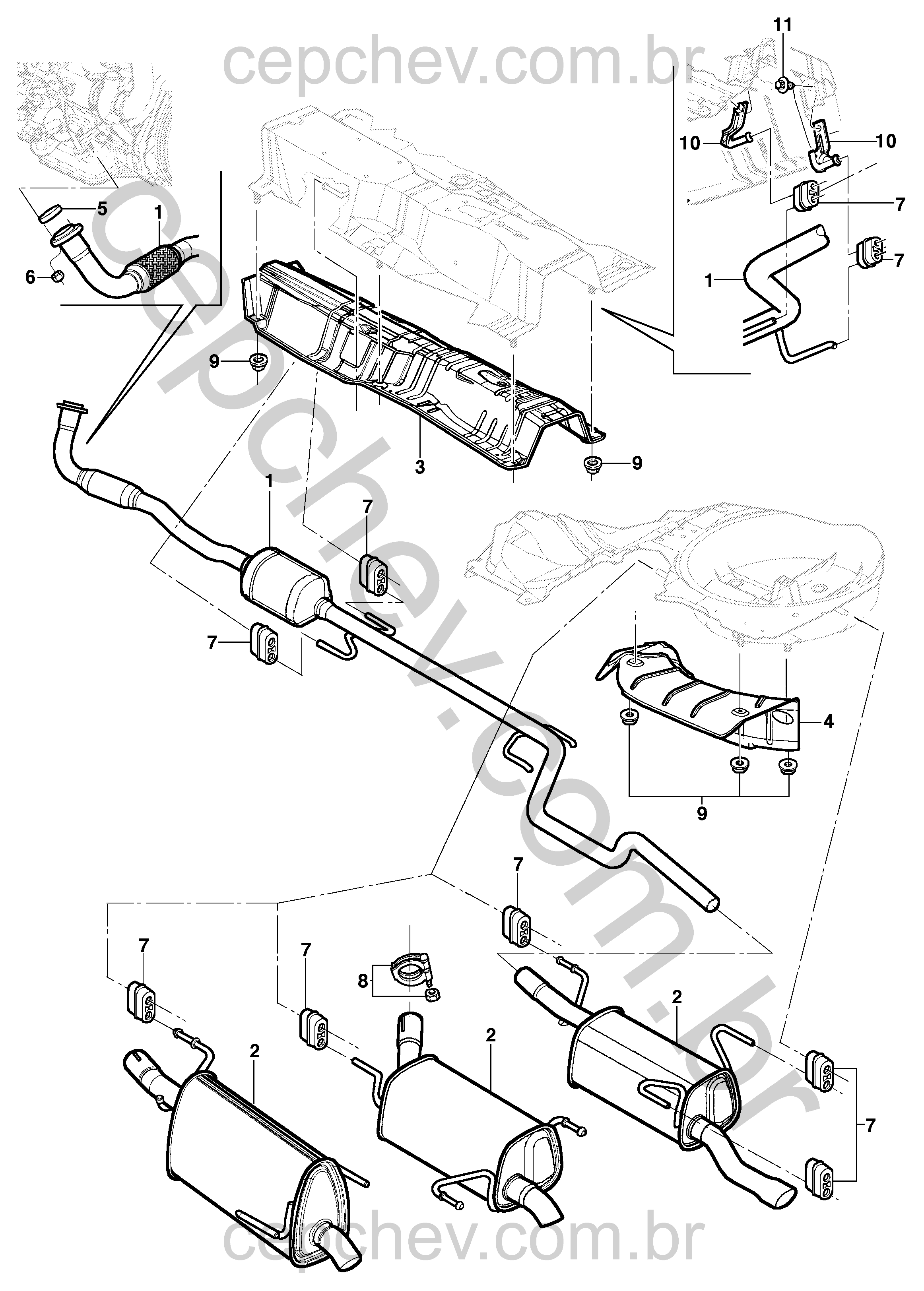 Escapamento para motores diesel com silenciadores e suportes traseiros