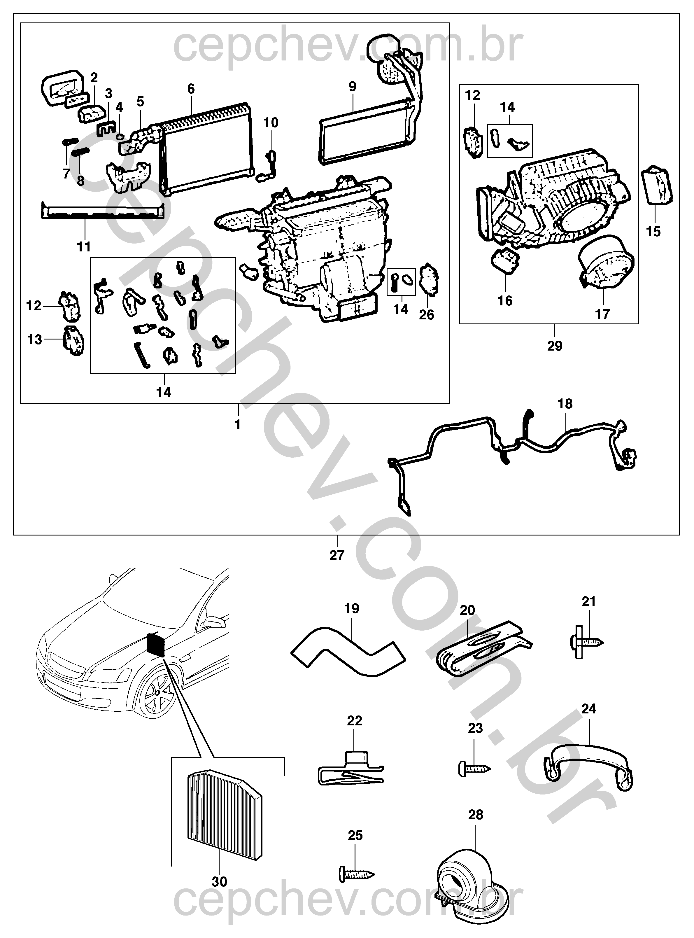 Módulo e componentes do ar-condicionado (2008) com evaporador e ventilador