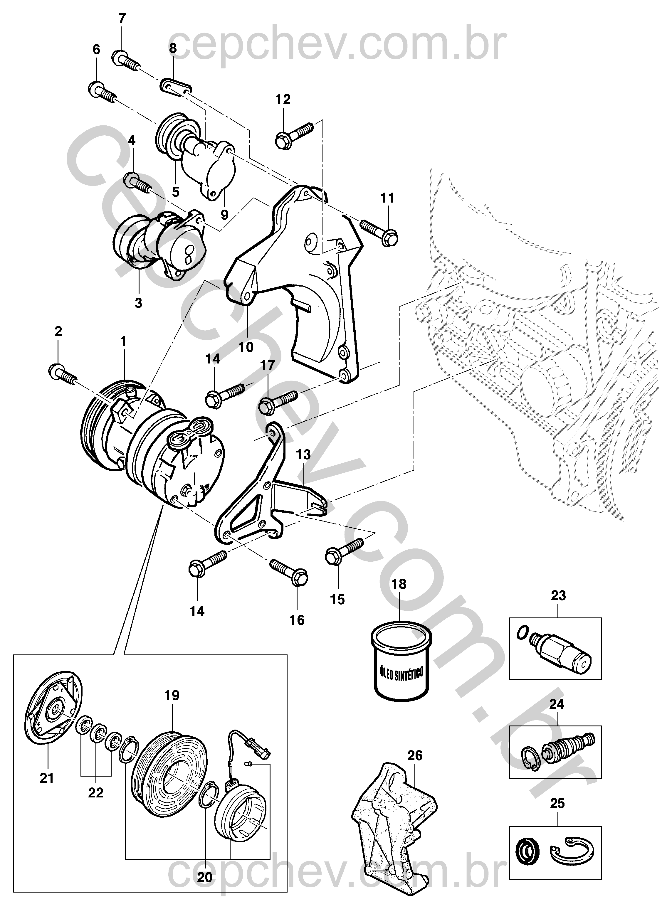Ar-condicionado montagem compressor (2007–2010) com suportes e polias