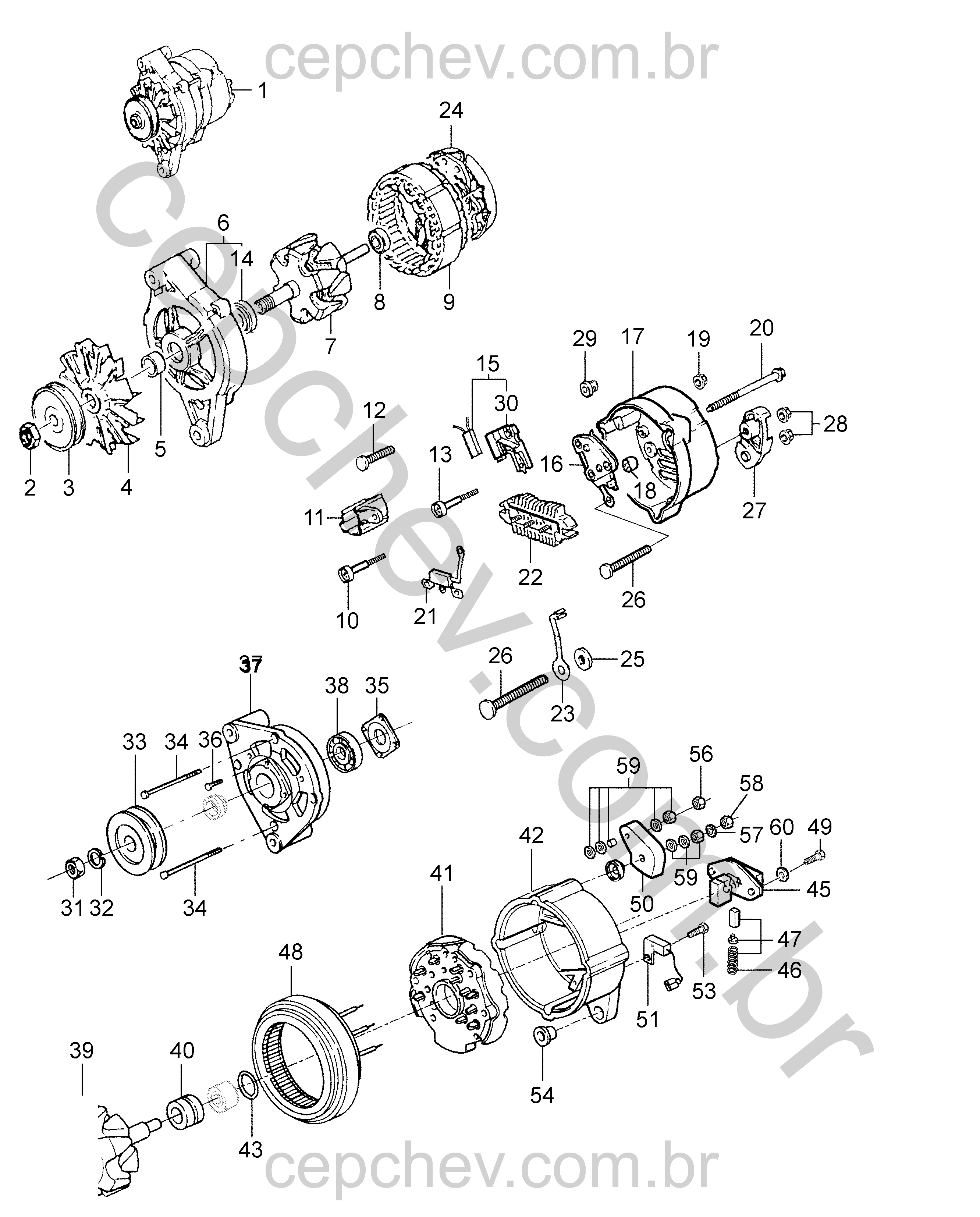 Conjunto gerador 55A com regulador, rotor, estator e acessórios completos
