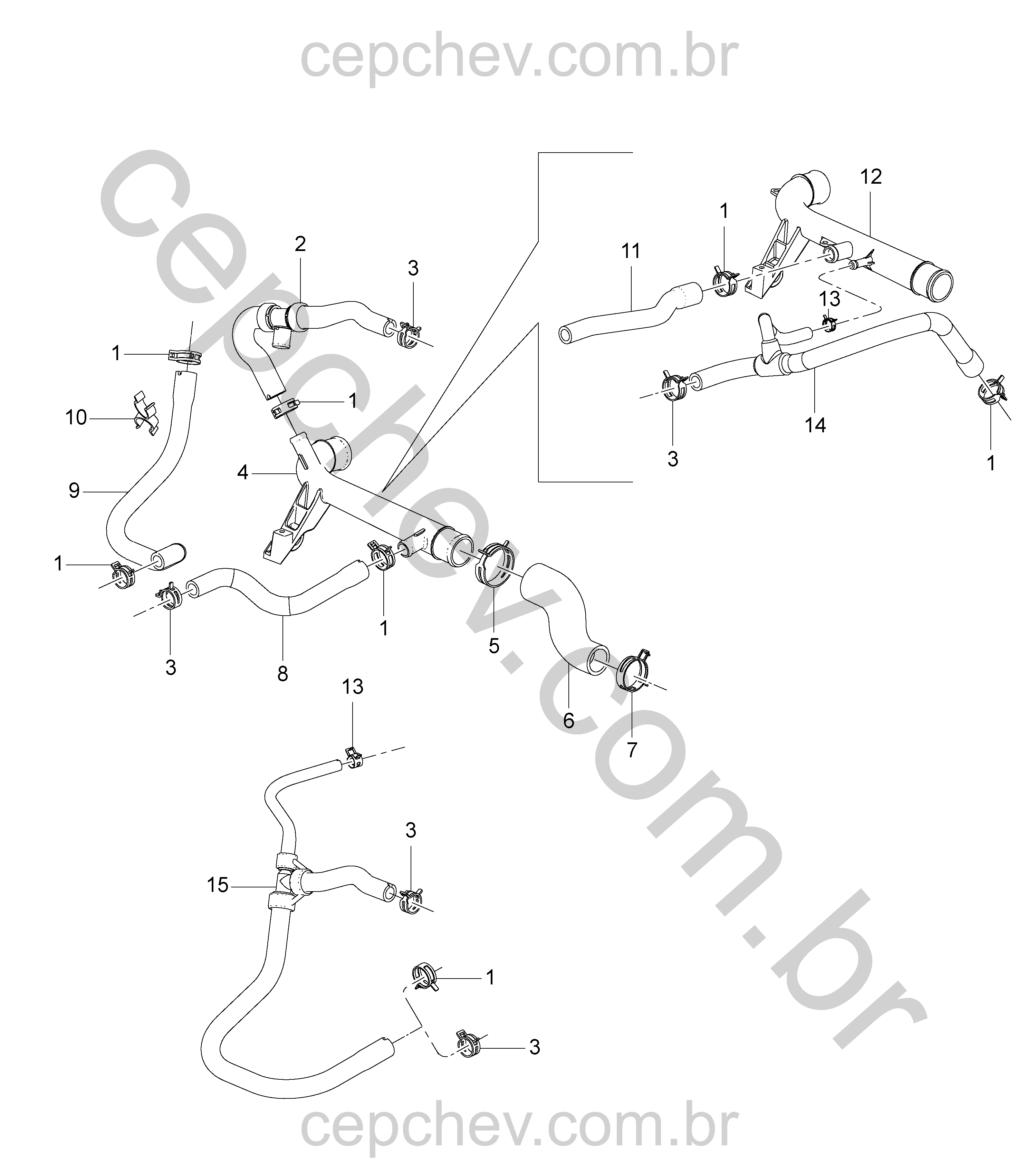 Sistema arrefecimento motor (2011–2012) com mangueiras, braçadeiras e coletores