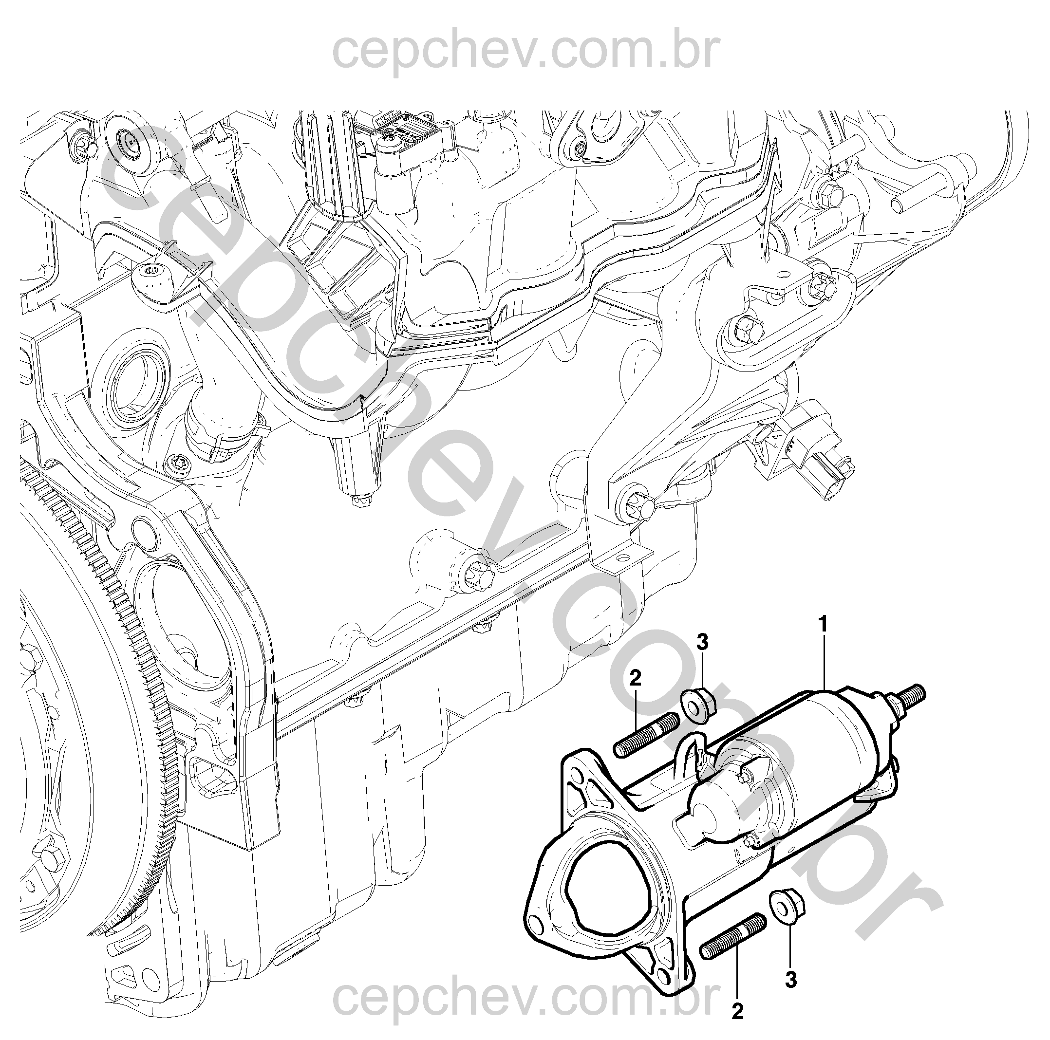 Suporte e motor de arranque com parafusos específicos