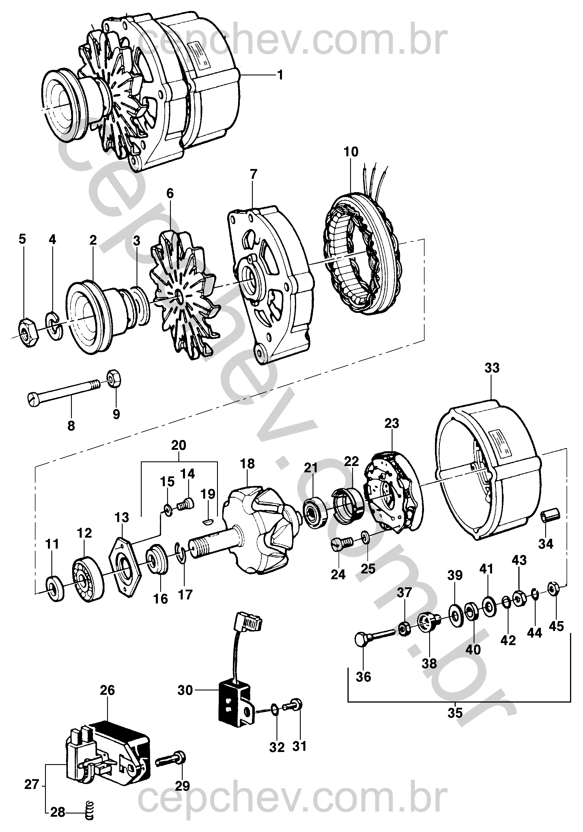 Componentes do alternador para motor LM3/LN2, incluindo regulador e rotor