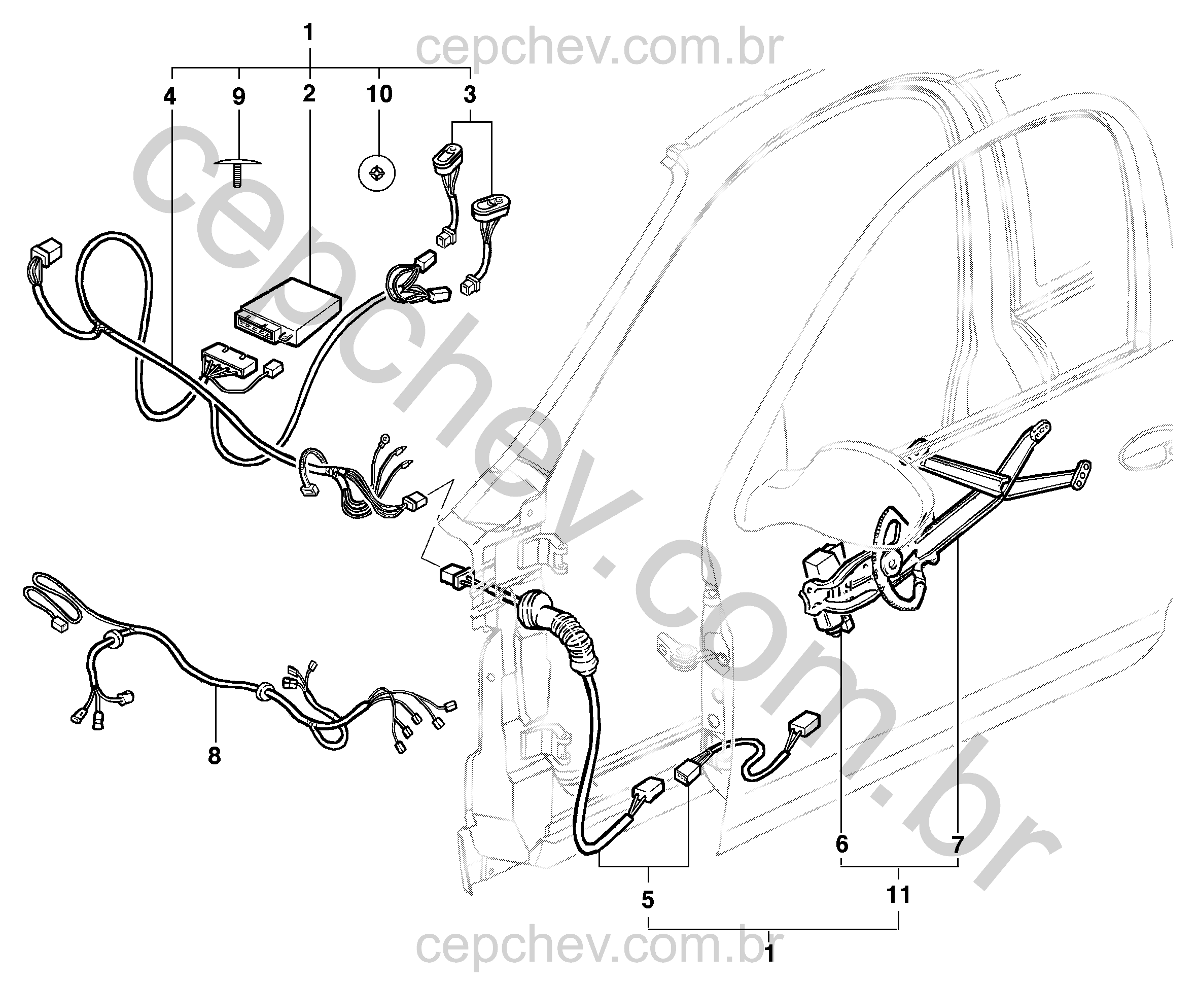 Pacote acessórios para vidro elétrico (2001–2014) com motor e regulador