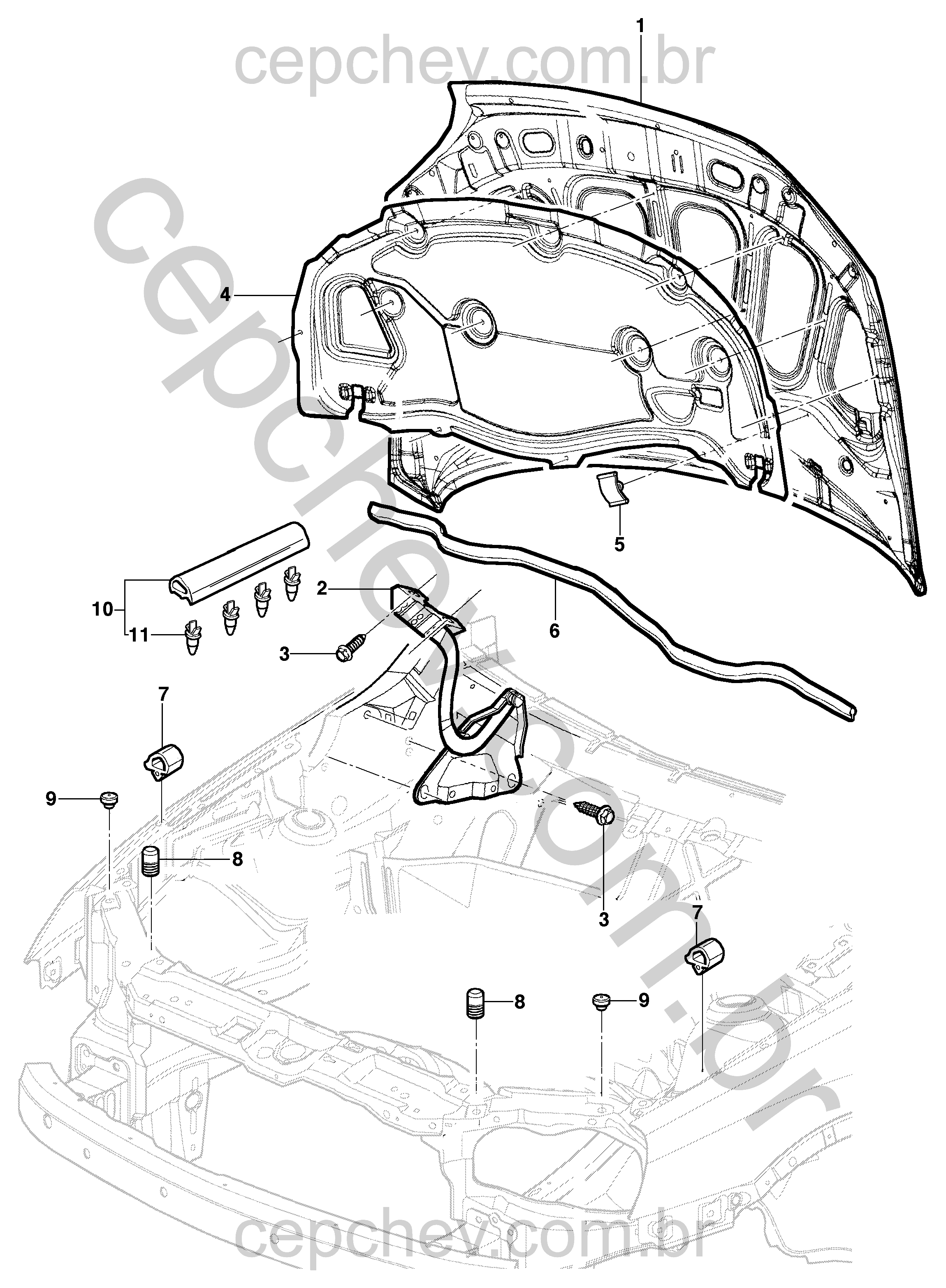 Capuz do motor com isolador, dobradiças, coxins e vedadores para sedan, hatch e pick-up