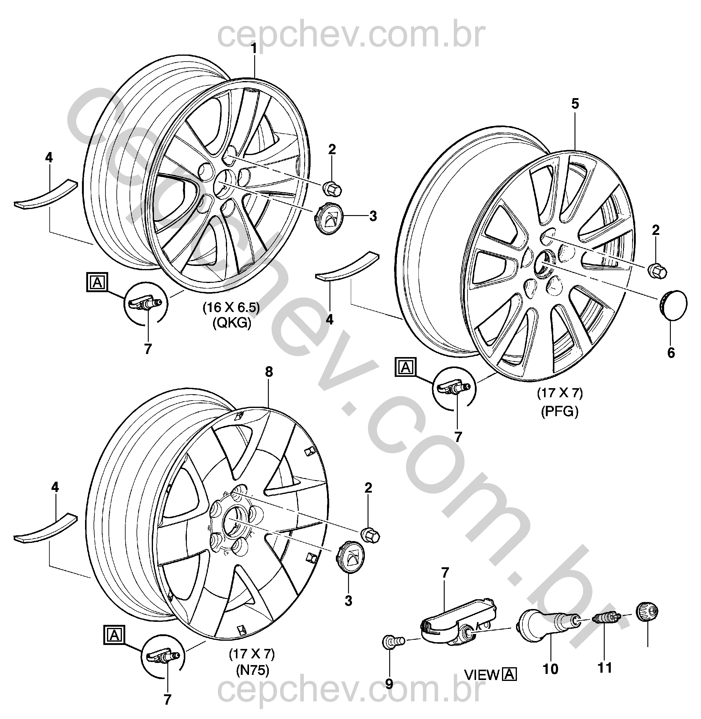 Rodas e tampas com sensor indicador de pressão (V9F, V9G, V9H)