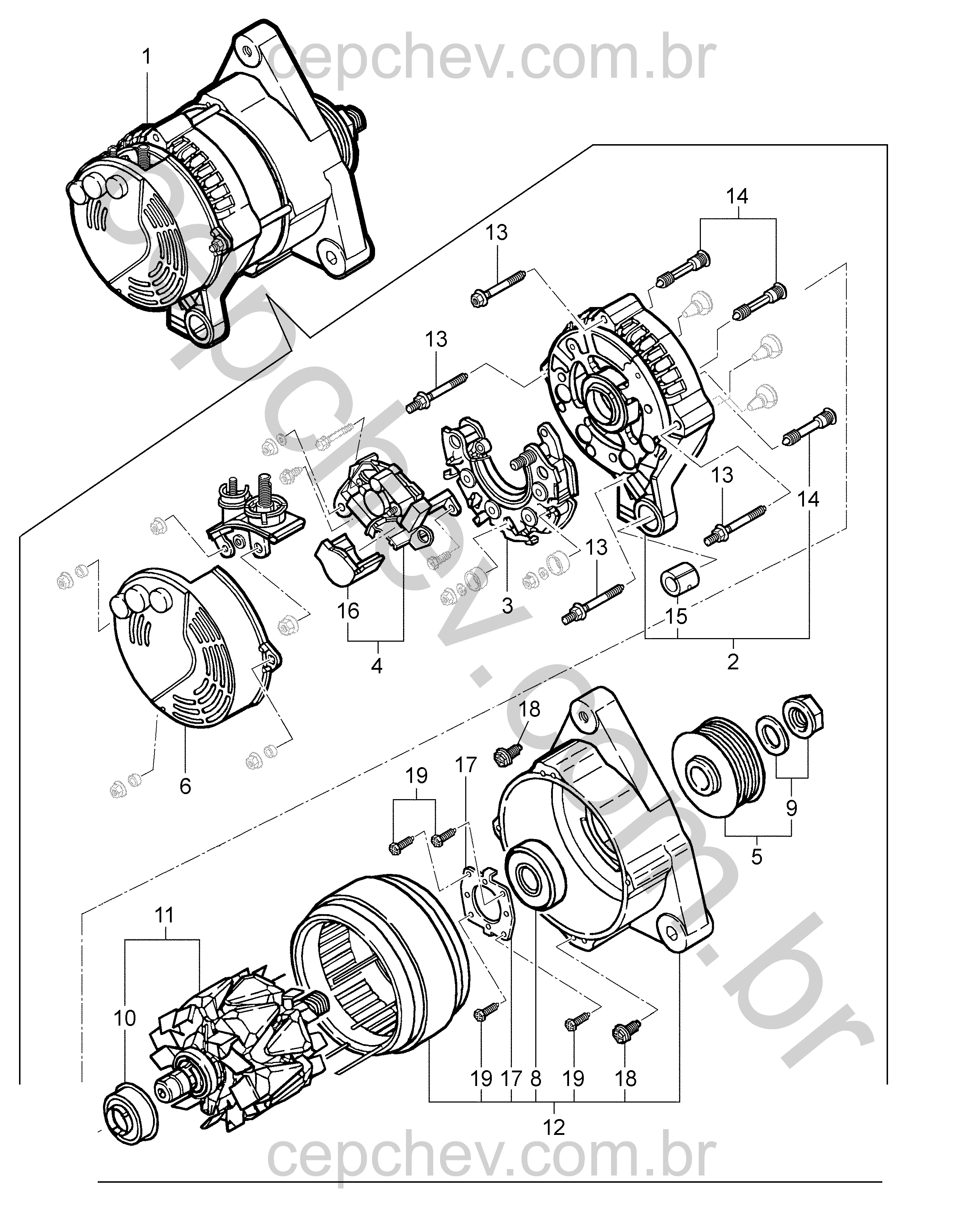 Conjunto alternador 55A com regulador, retificador e rolamentos completos
