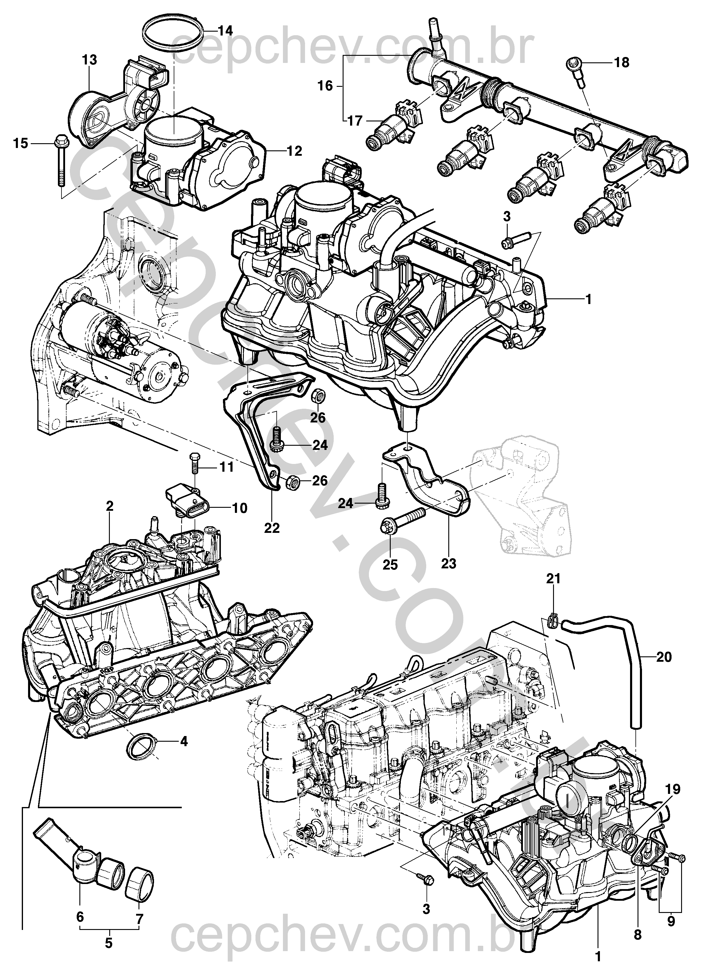 Coletor de admissão e componentes para motores 1.0, 1.4 e 1.8 gasolina e álcool
