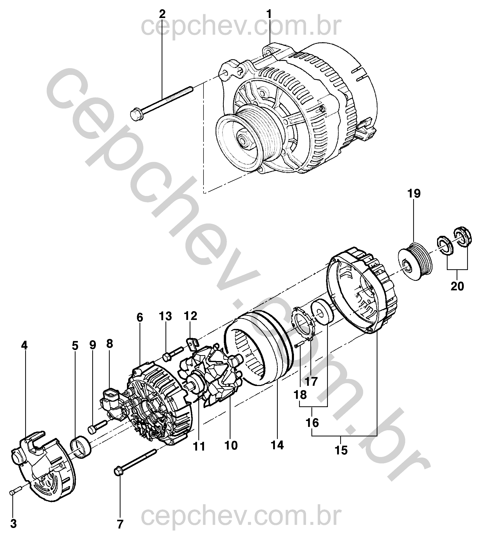 Componentes do alternador para motor LJ6, LLK, LN2, LG1 e LP8