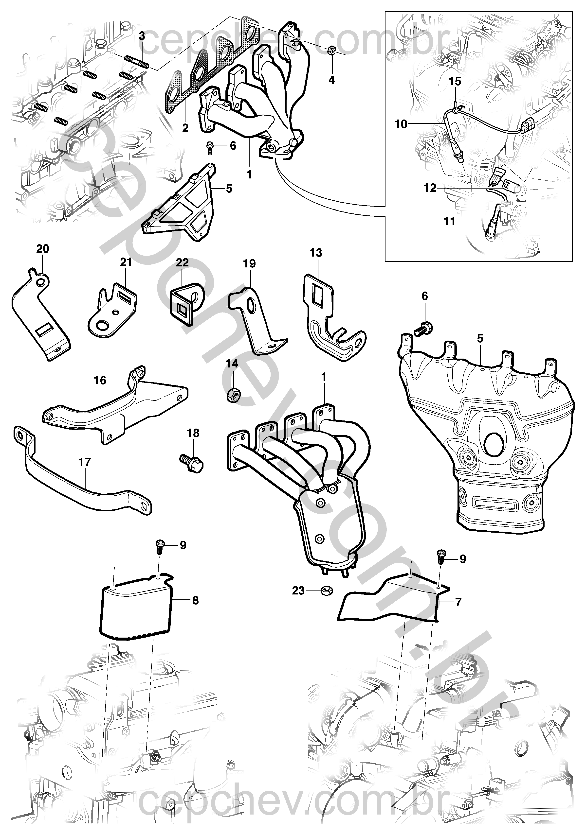 Coletor de escape e sensor de oxigênio para motor 8V