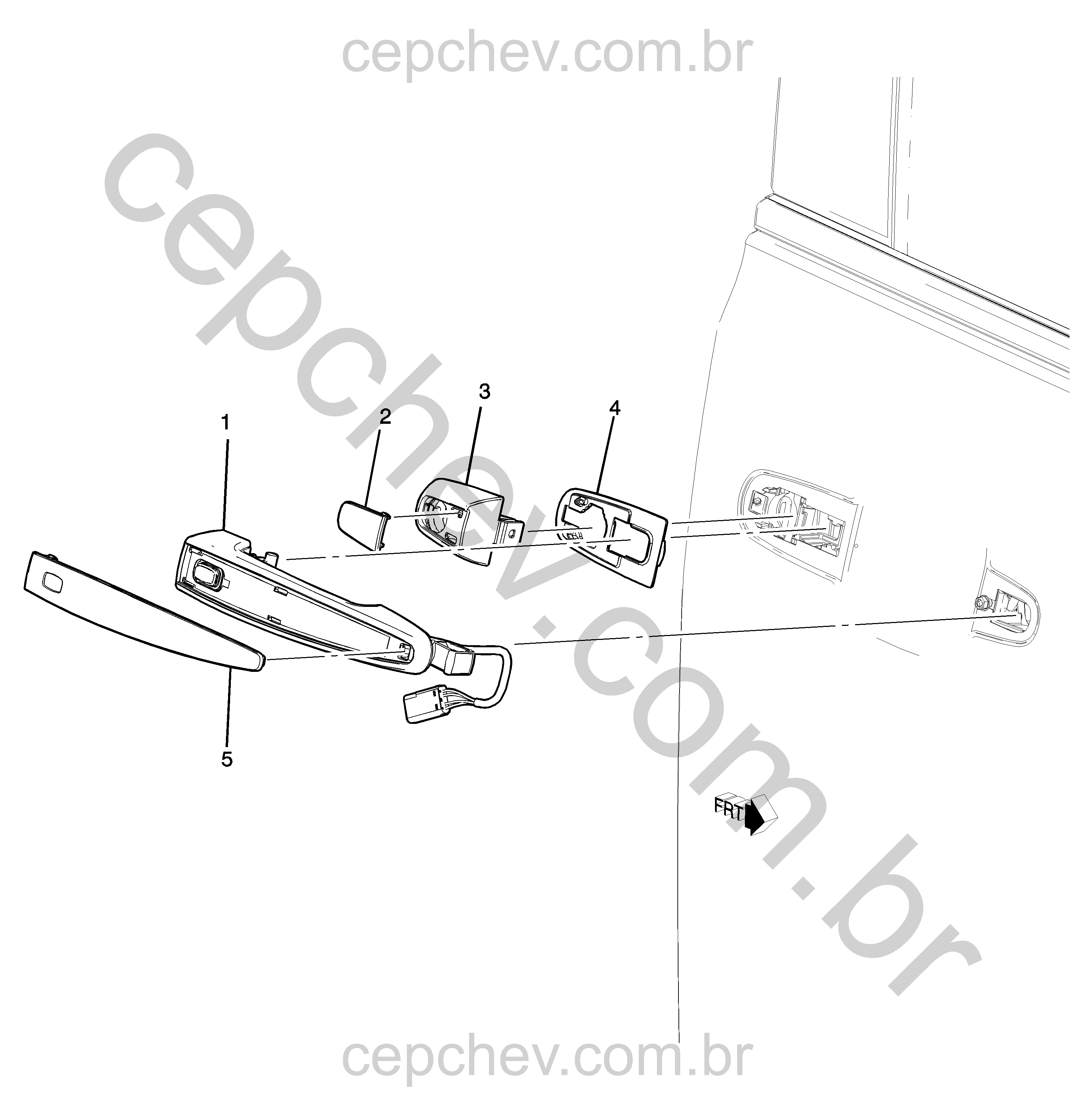 Componentes da porta traseira e maçaneta (2018–2019)
