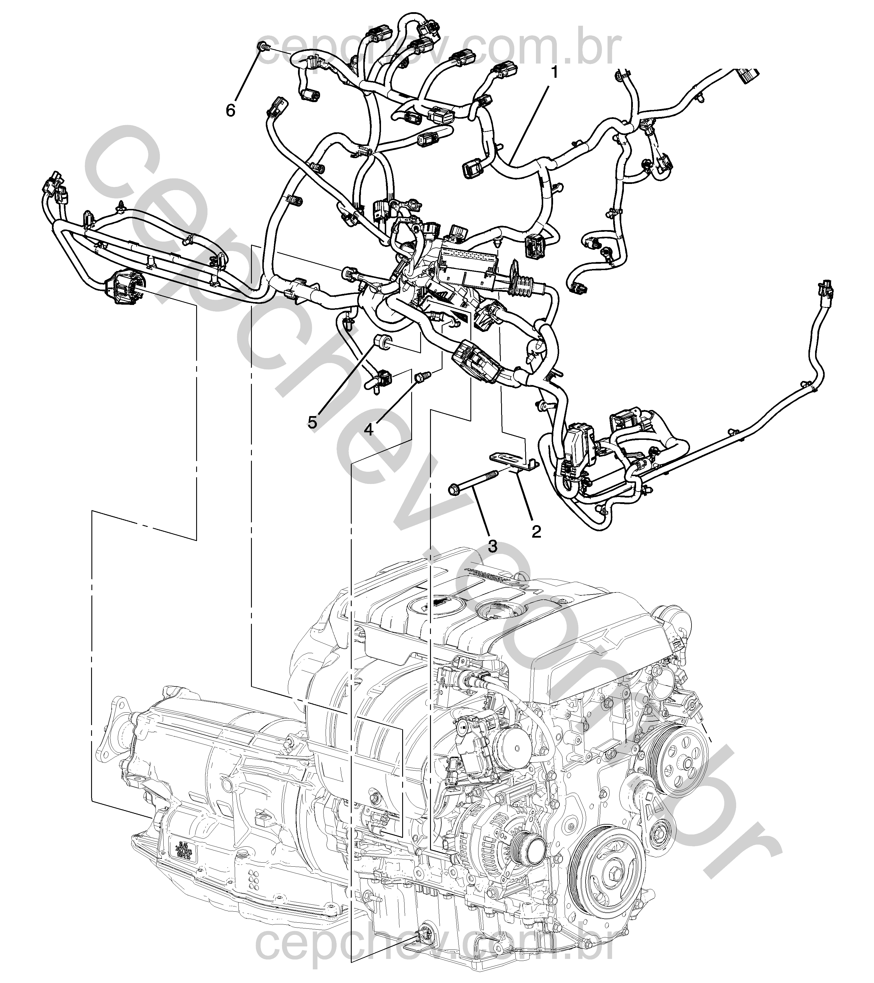 Chicote e fiação elétrica do motor 2.0 (LTG) com parafusos e suportes