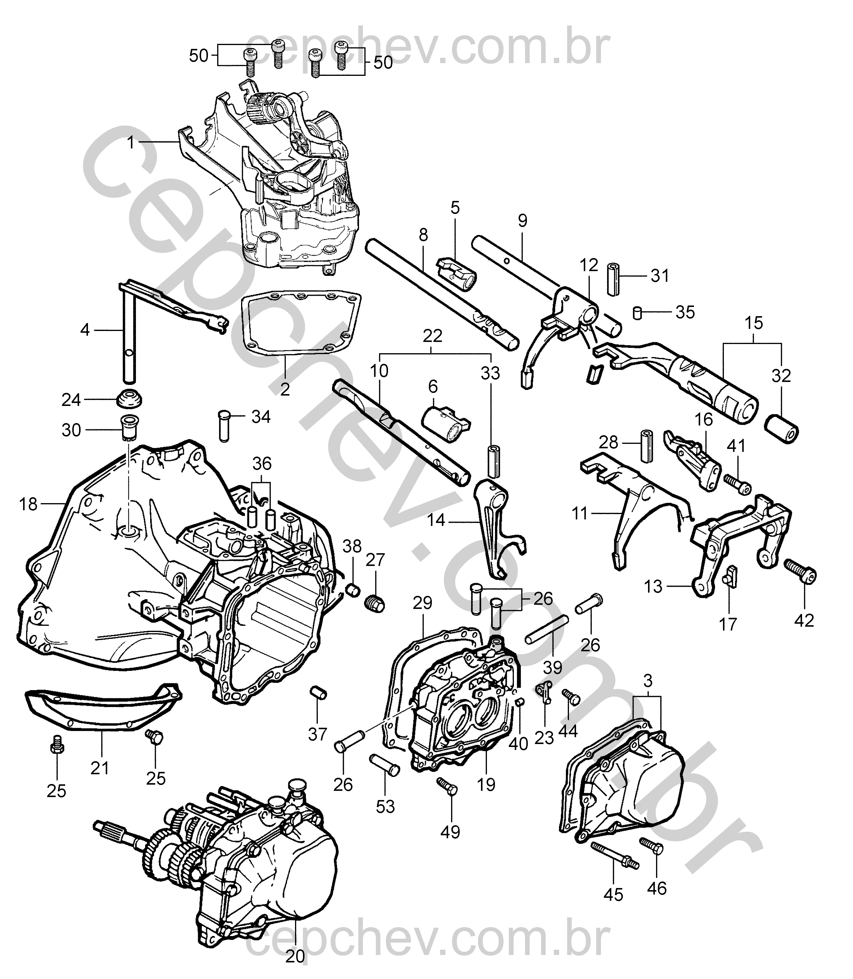 Transmissão manual 5 marchas controle e caixa (2011–2014)
