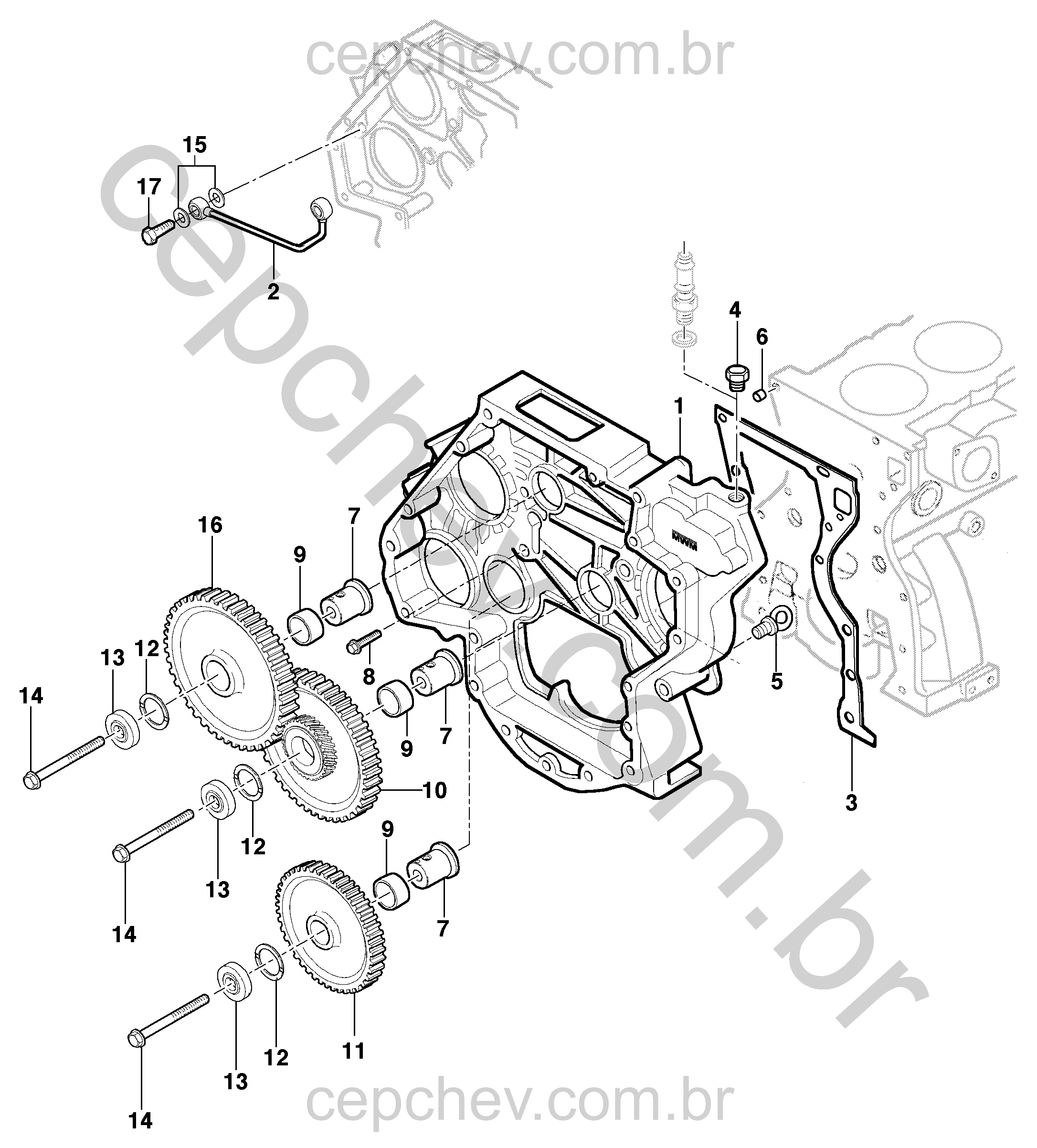 Distribuição do motor LJ6/LLK com carcaça, engrenagens e mancais