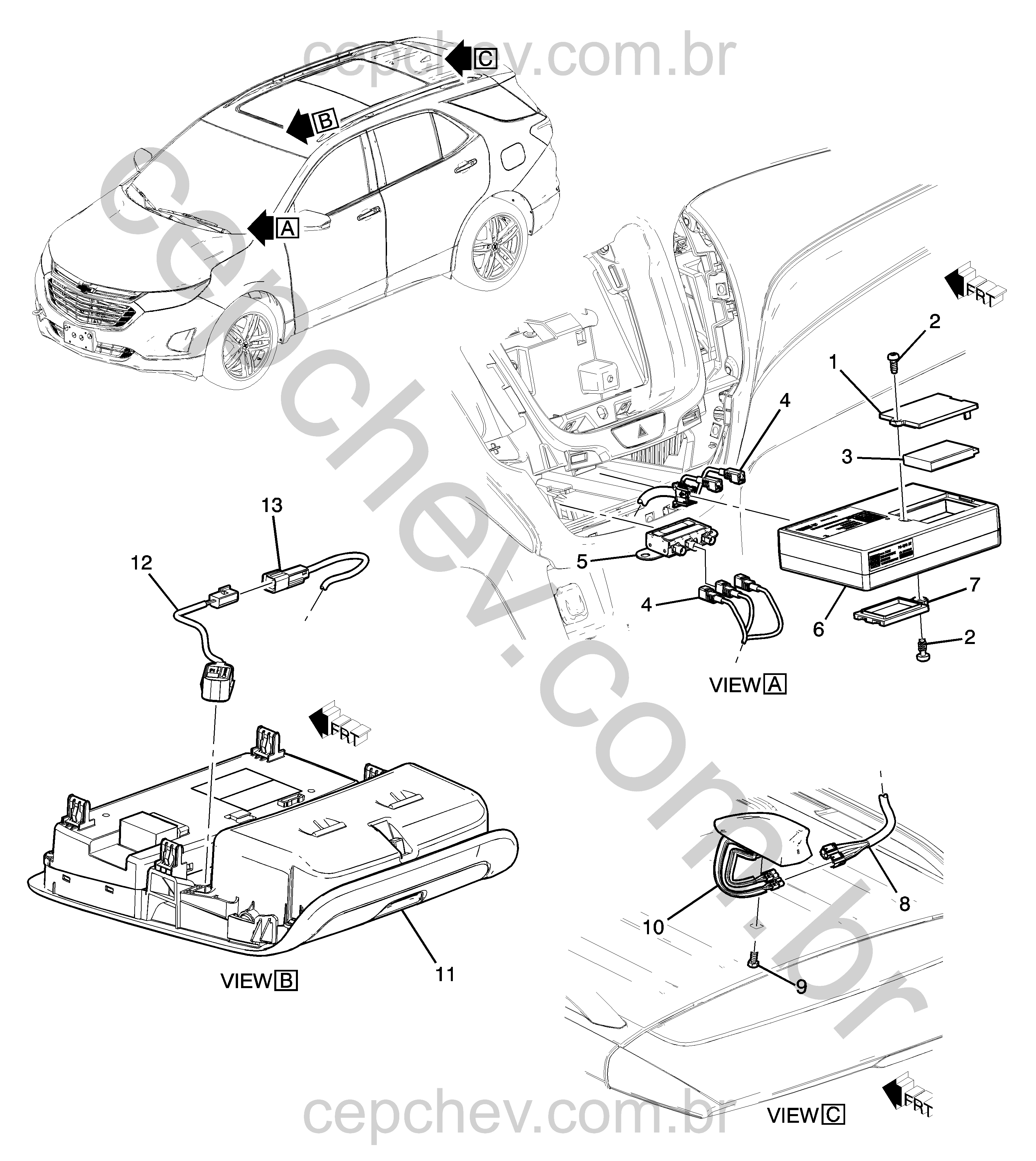 Sistema de comunicação Chevystar com módulo, antena, microfone e fiação elétrica