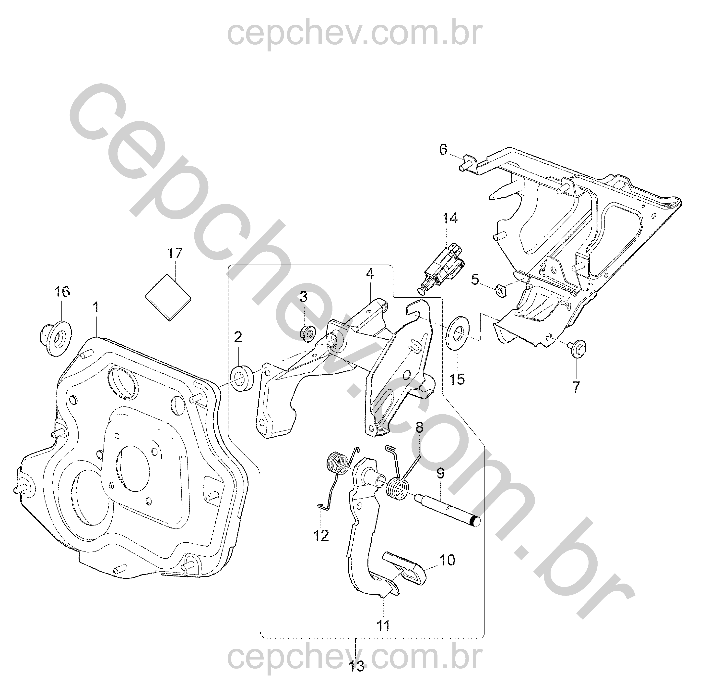 Pedal de freio e componentes do sistema de comando e sensor de posição
