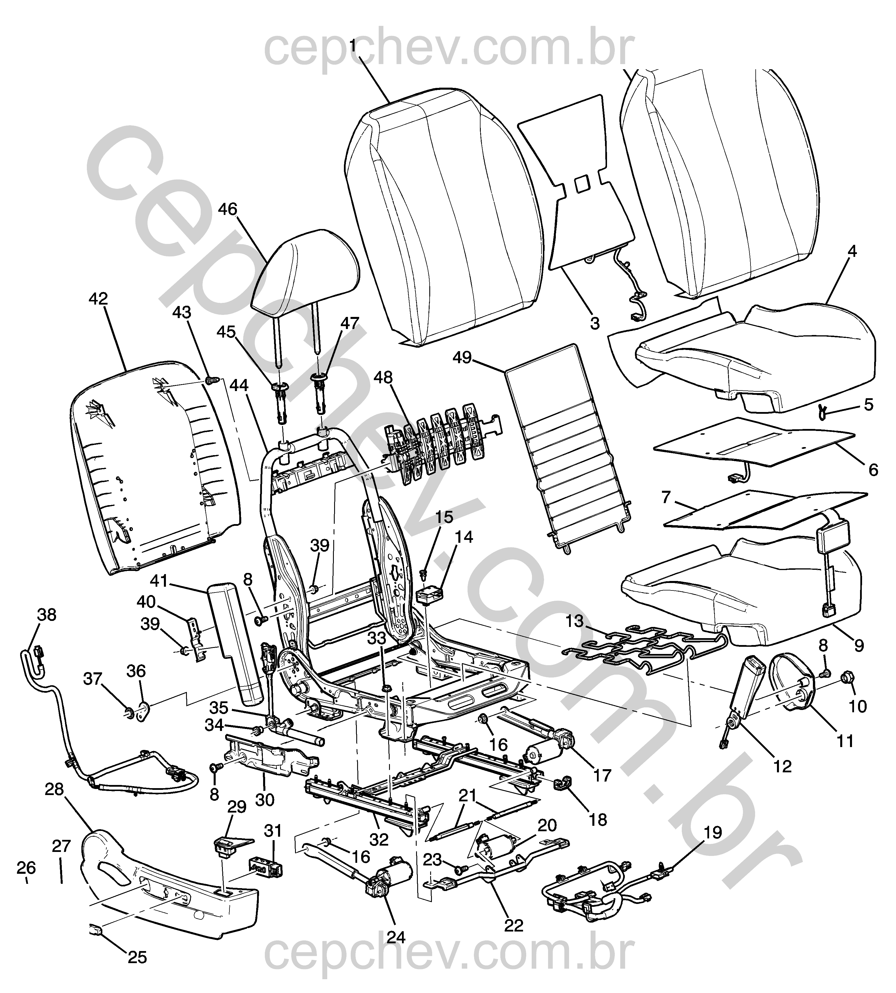 Conjunto banco passageiro (2011–2012) com estrutura, ajuste e airbag lateral