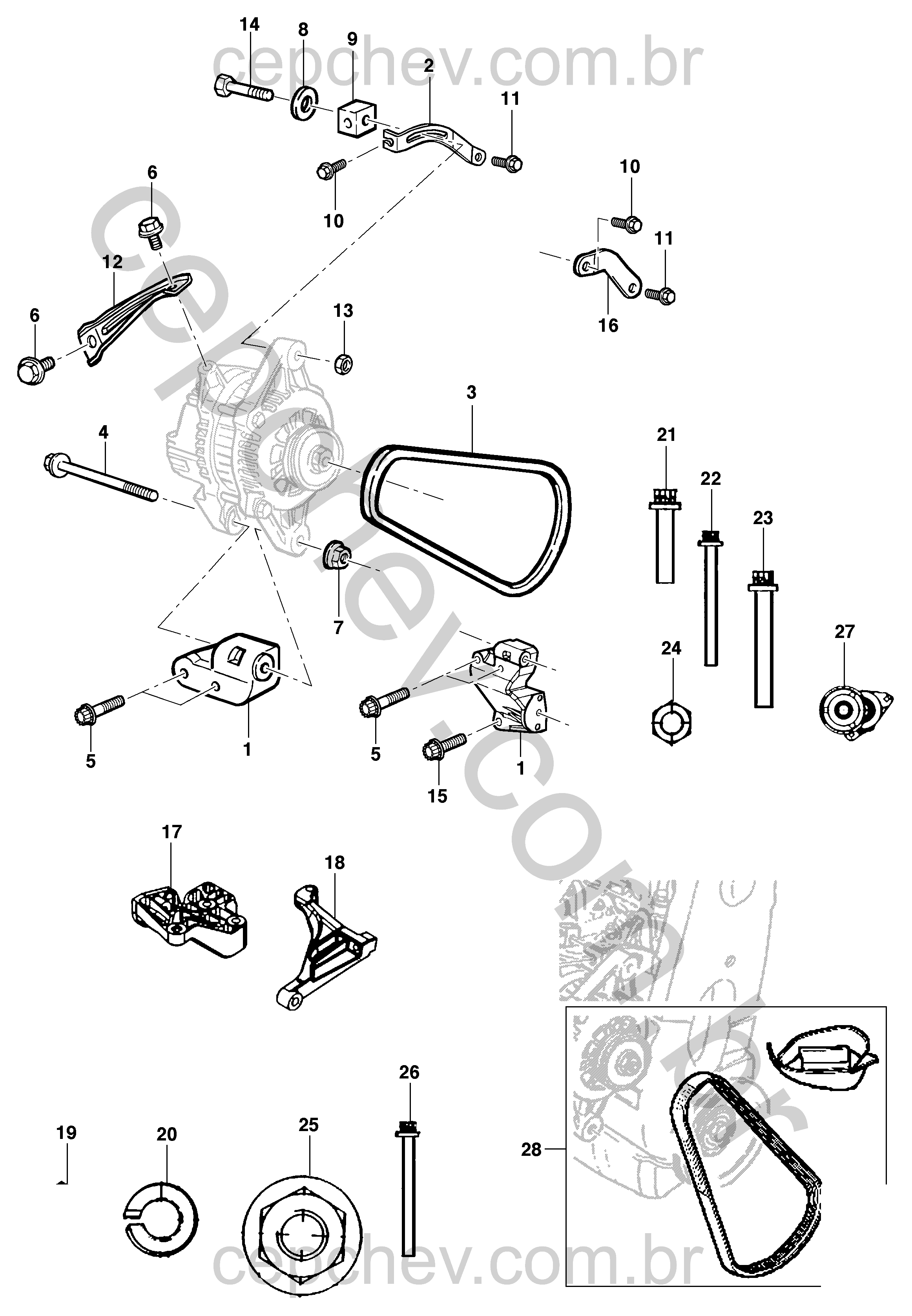 Fixação e suporte do gerador com correia e fiação (2001–2010)