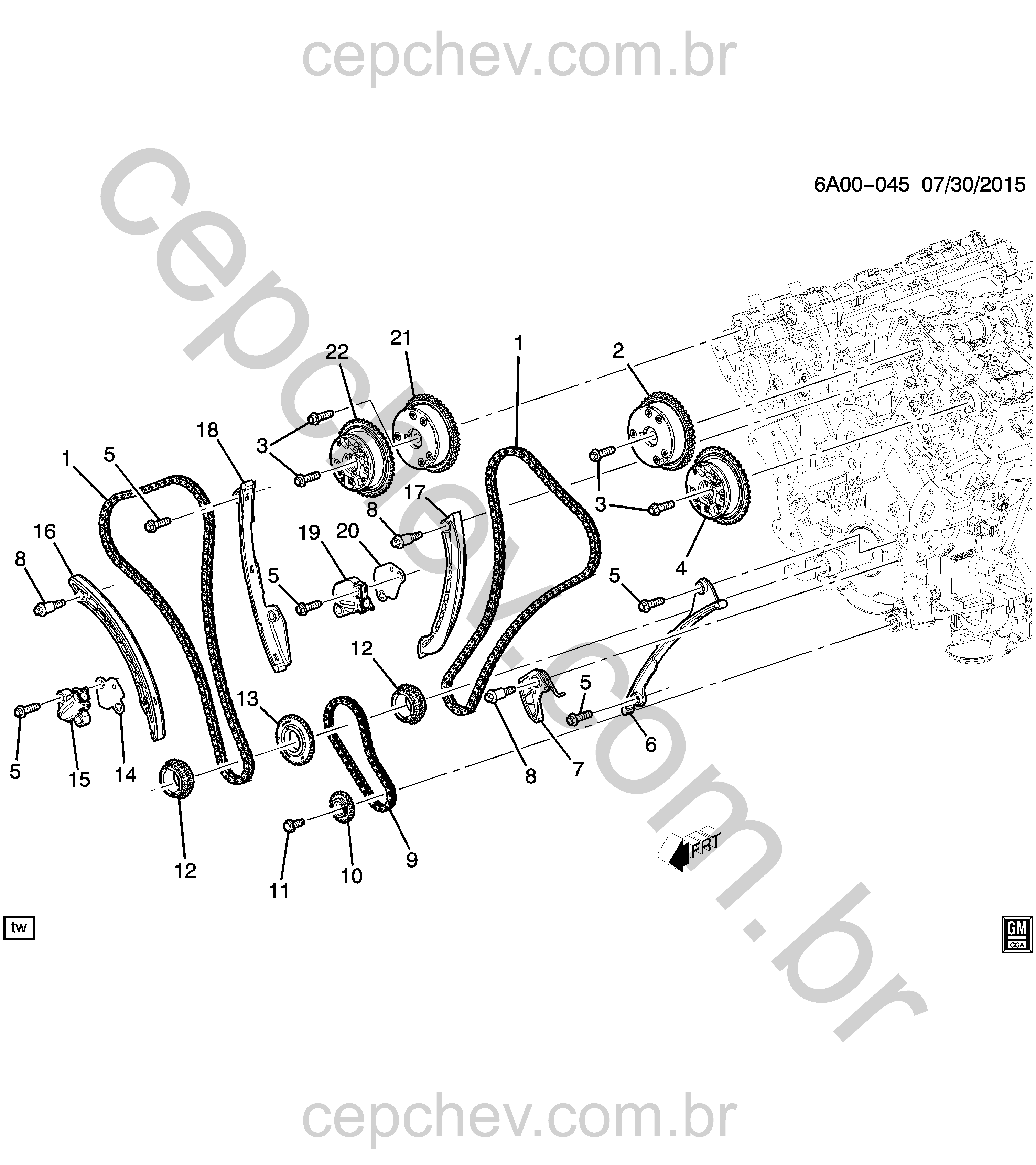 Conjunto motor 3.6L L6 com corrente, tensor e componentes de distribuição