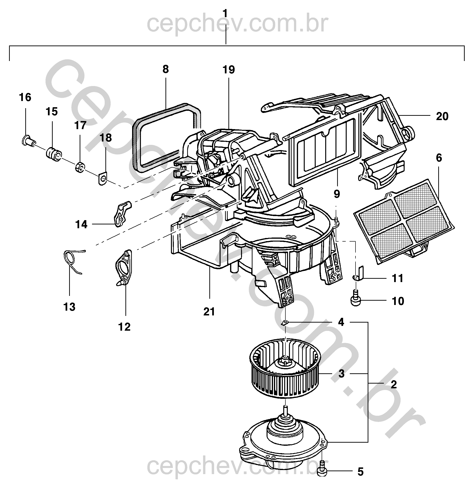 Caixa e motor do ventilador com componentes de controle e ventilação