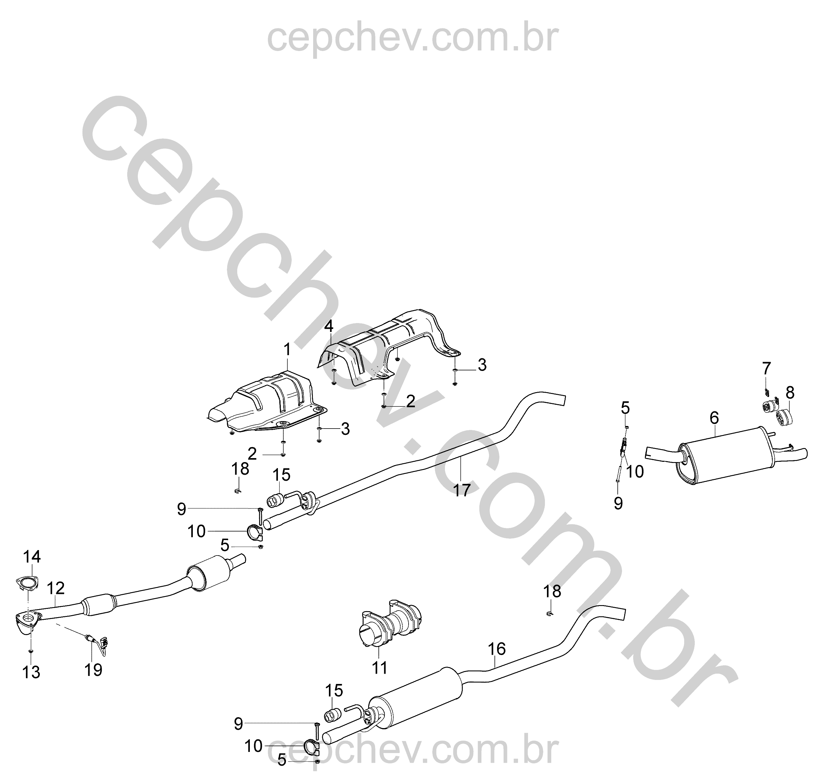 Sistema de escapamento (2011–2016) com tubos, silenciador e sensores de oxigênio