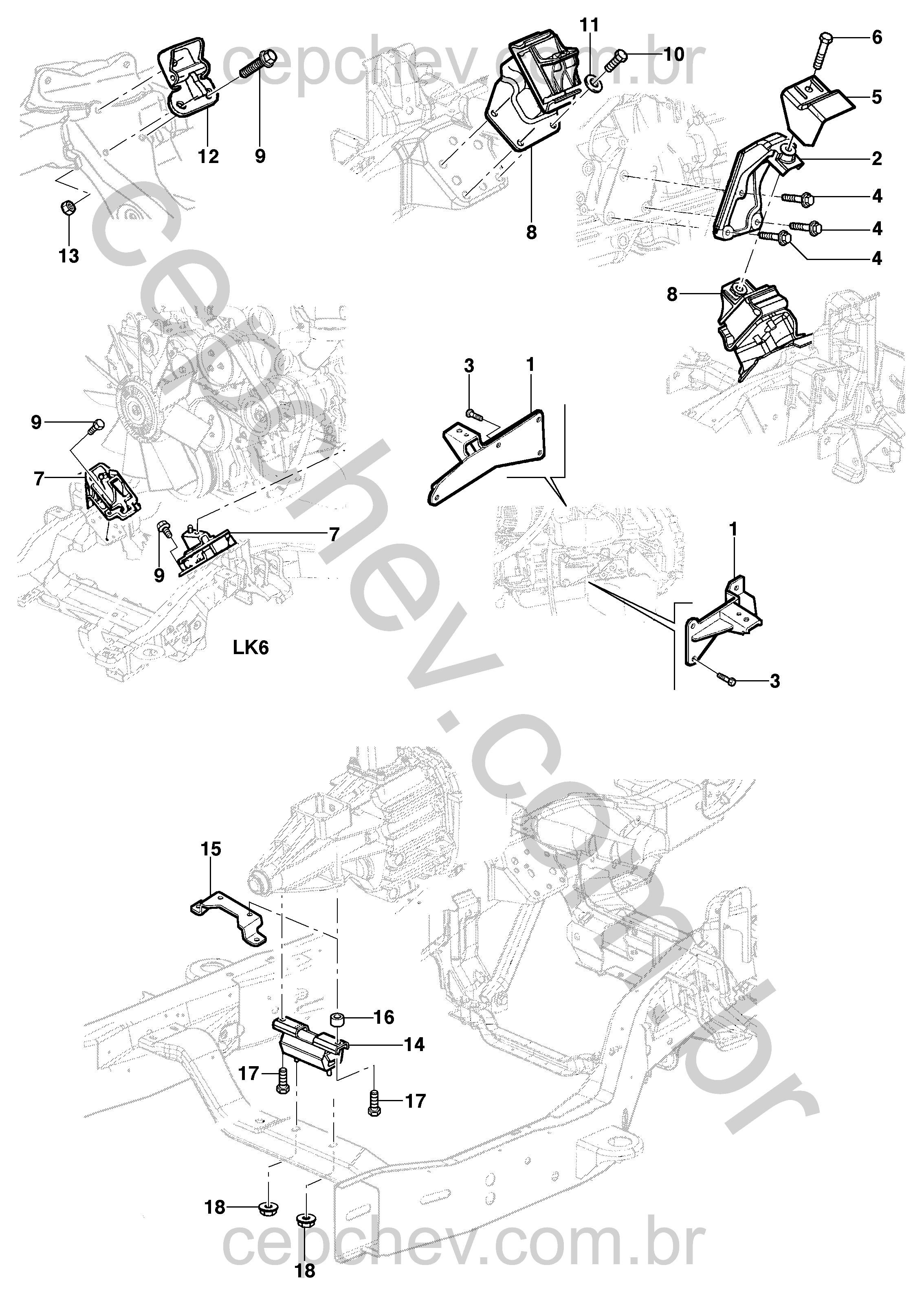 Montagem do motor LK6/LJ6/LLK com suportes e coxins dianteiros e traseiros