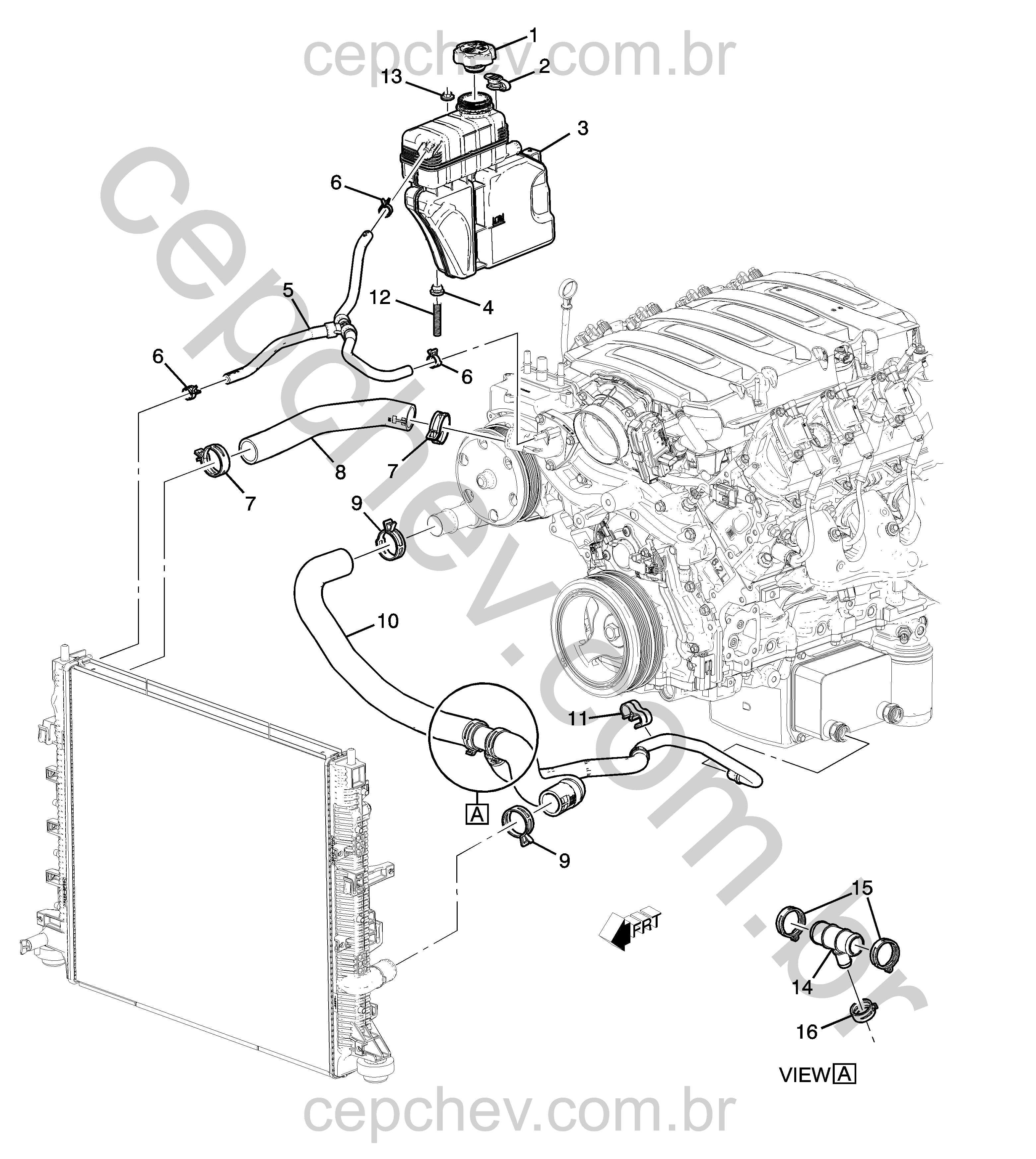 Mangueiras e canos do radiador (2017–2024) para motor LT1 6,2-7 litros