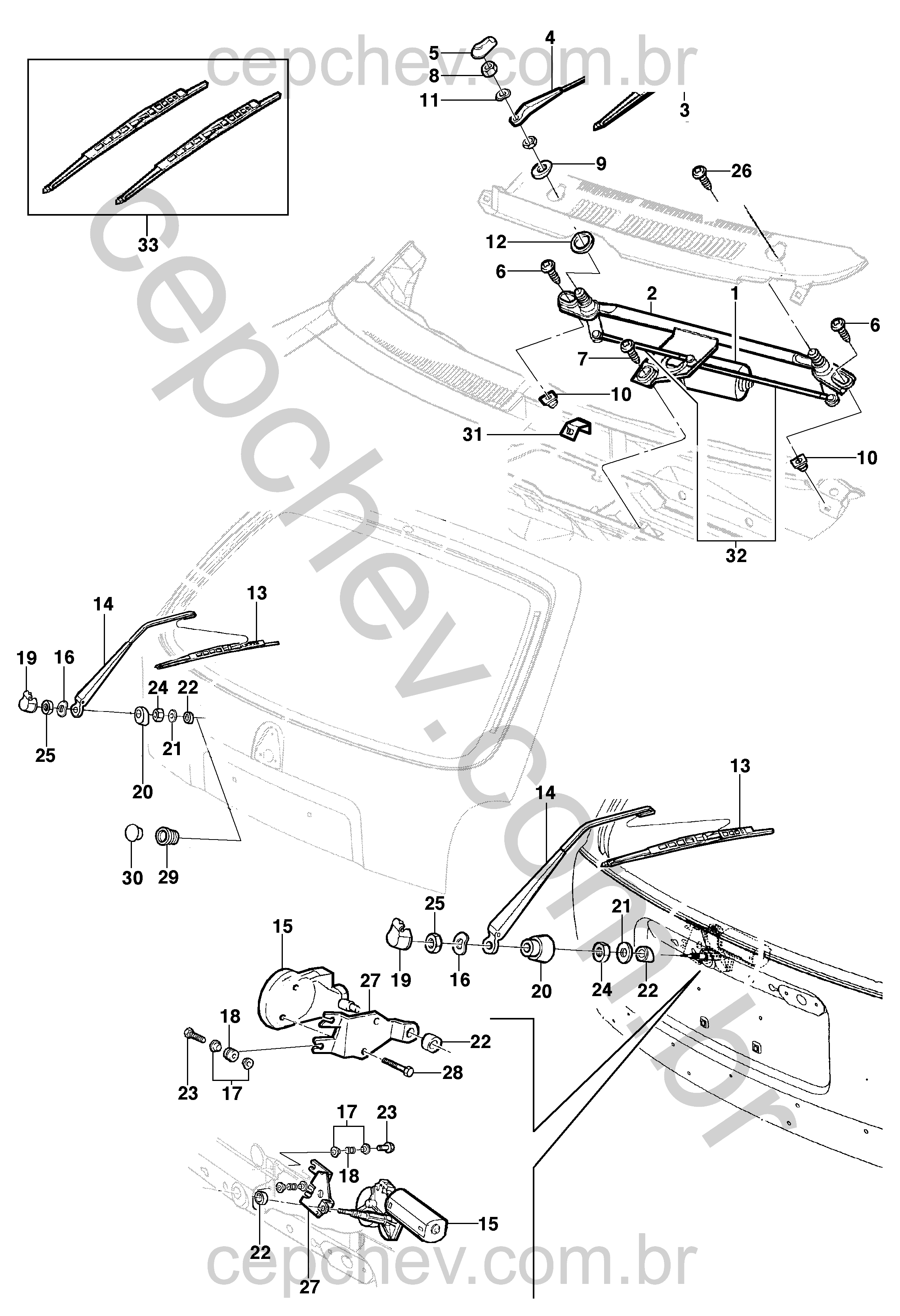Sistema limpador e motor do para-brisa e vidro traseiro (1994–2010)