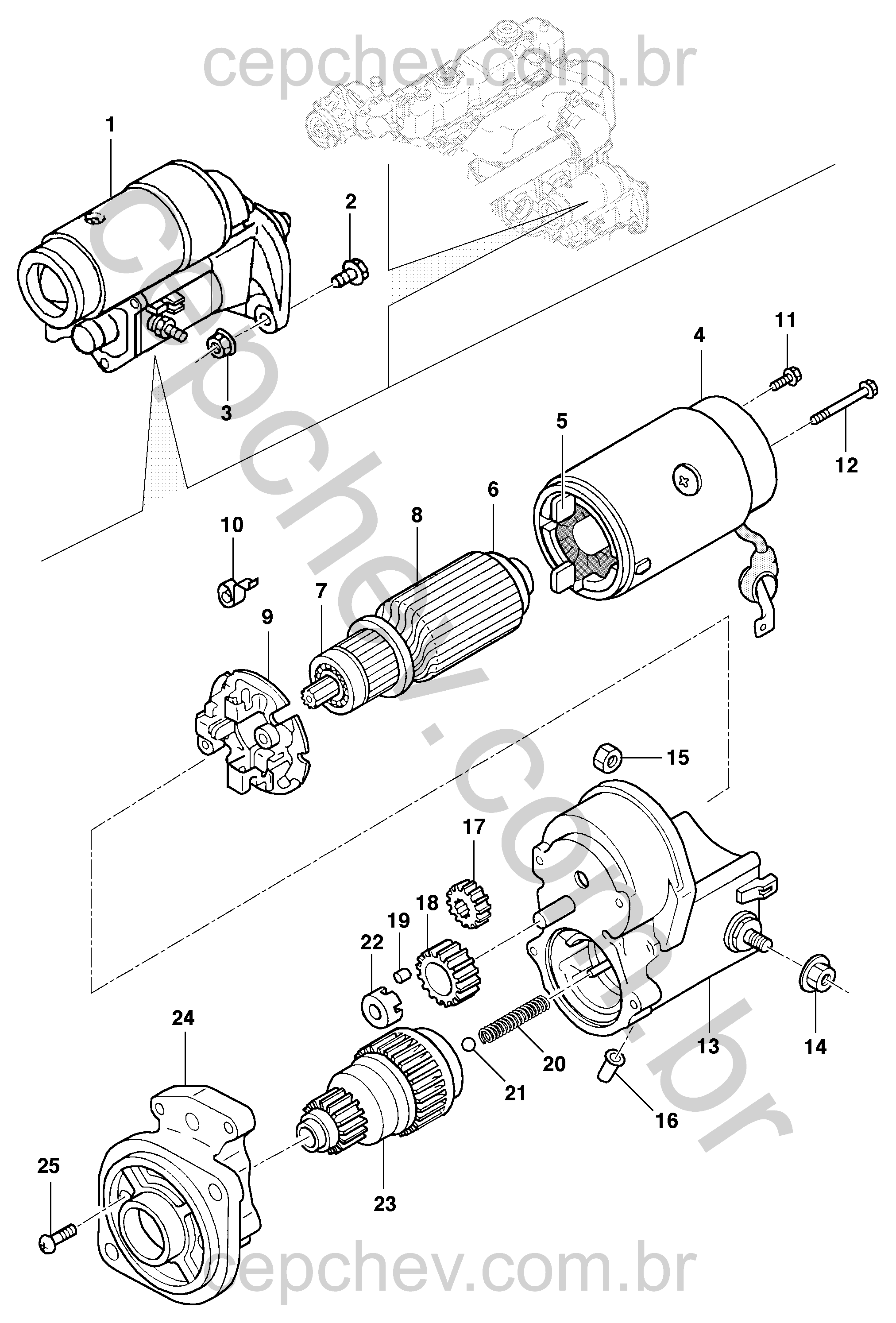 Motor de partida 12V com fixação e componentes essenciais