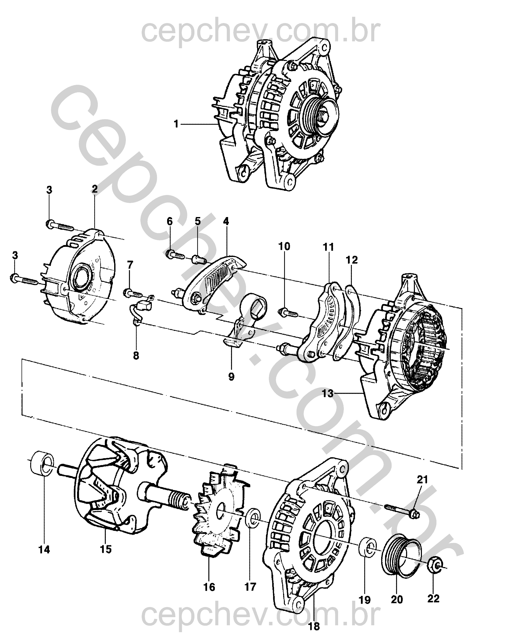 Conjunto gerador 100A com regulador, rotor, retificador e kit escovas