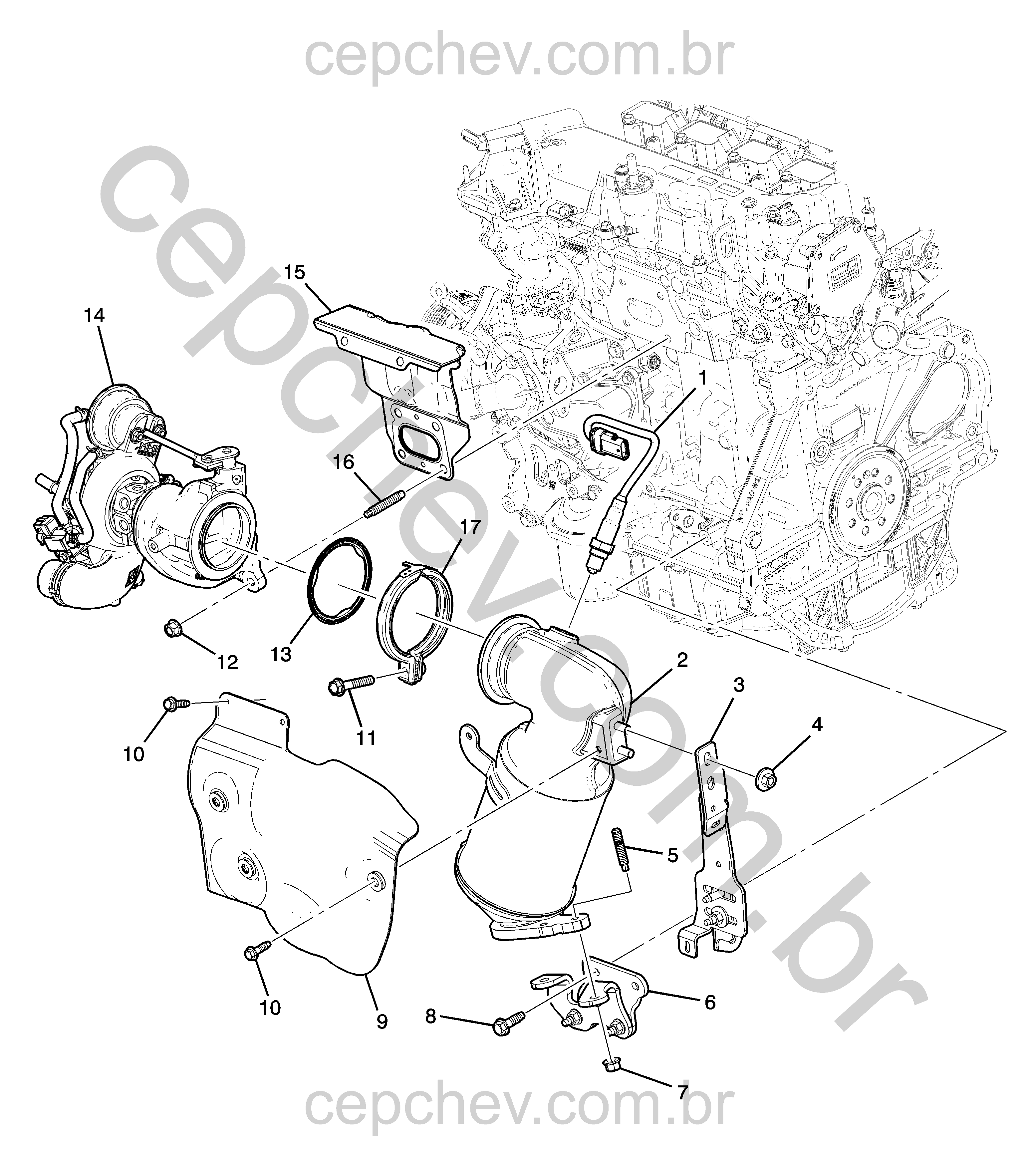 Coletor de escapamento, turbo e conversor catalítico do motor 1.4L L4