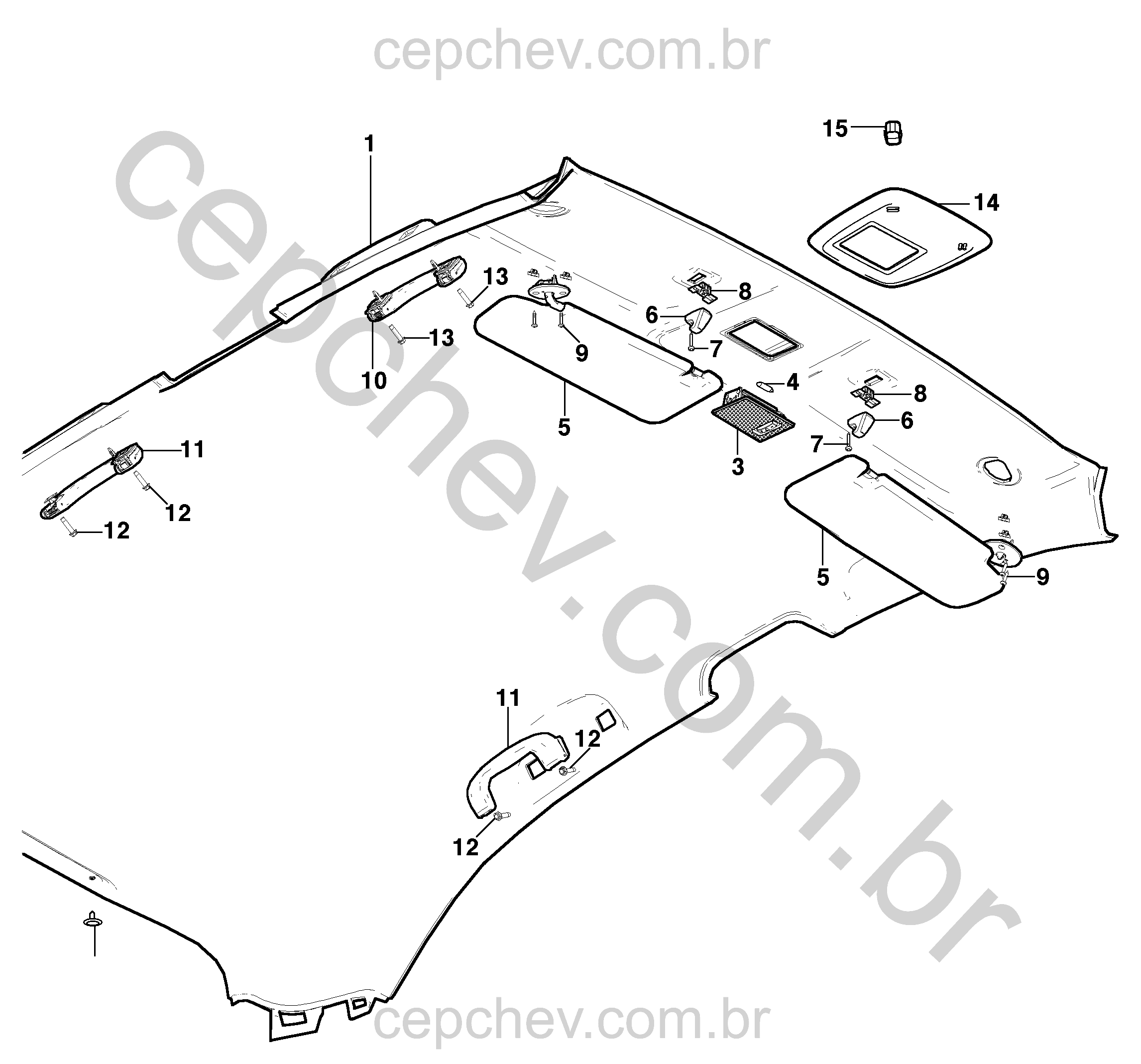 Revestimento e acabamento do teto com para-sóis, luzes e acessórios internos