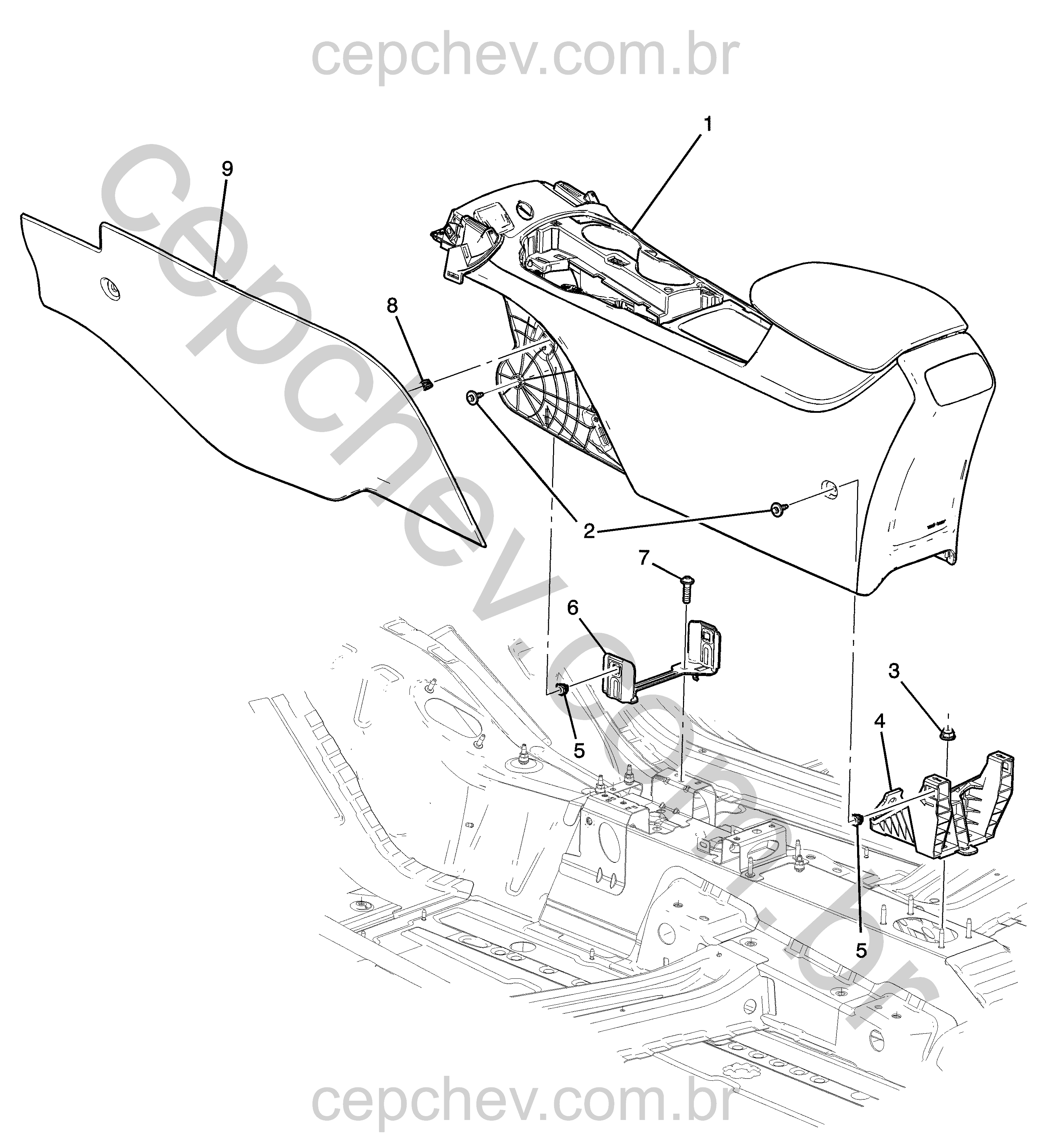 Console e assoalho dianteiro com painéis e suportes de montagem