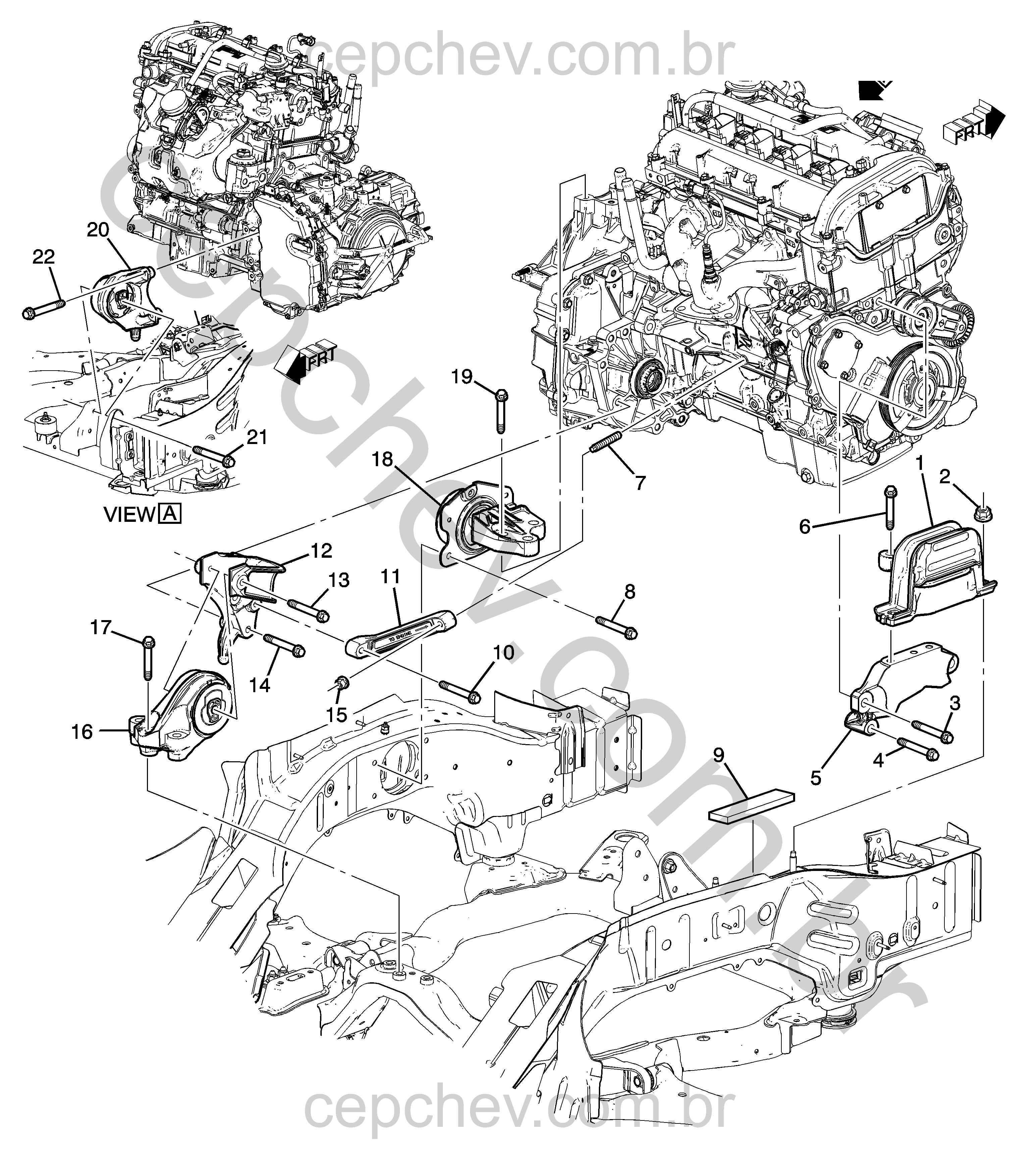 Montagem do motor e transmissão (LEA/2.4K, MH7) com suportes e fixações