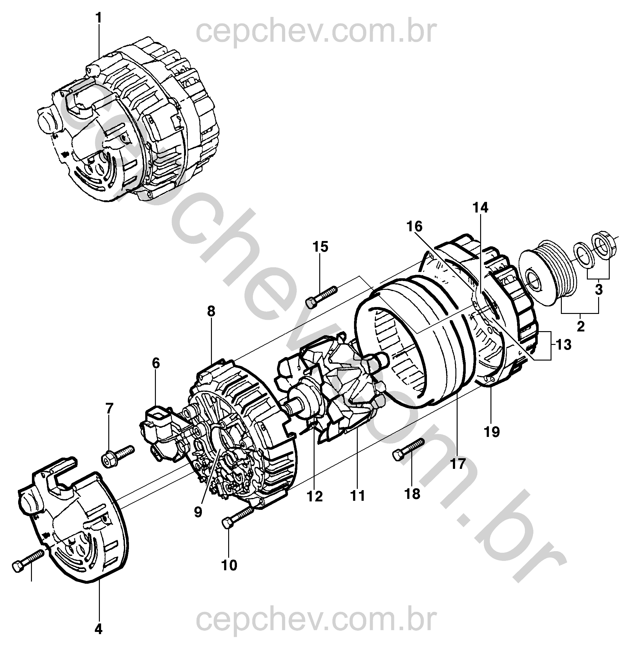 Conjunto gerador 100A (K60) com rotor, estator, rolamentos e kit fixação