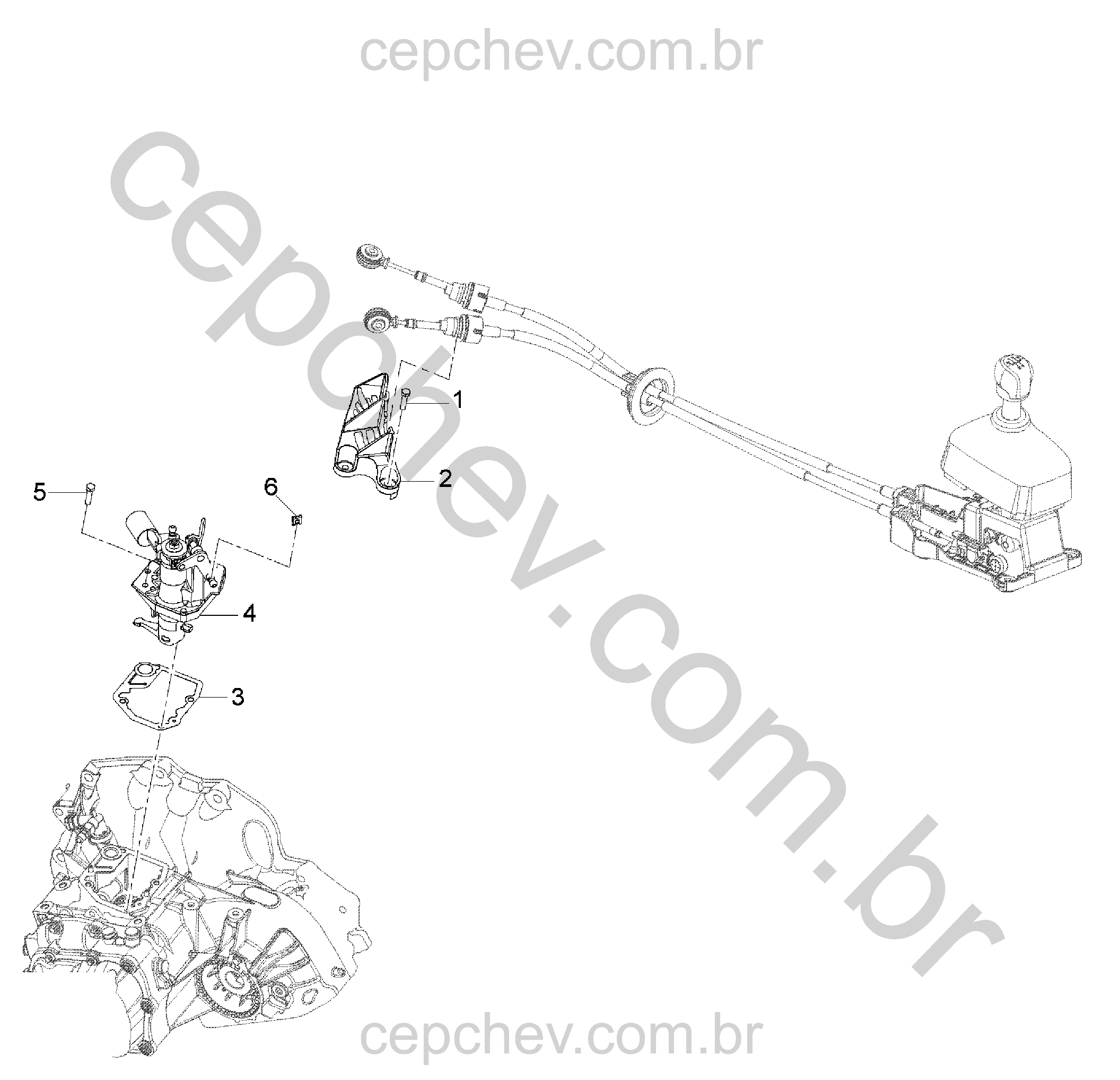 Alavanca e suporte do câmbio manual com alojamentos, cabos e parafusos