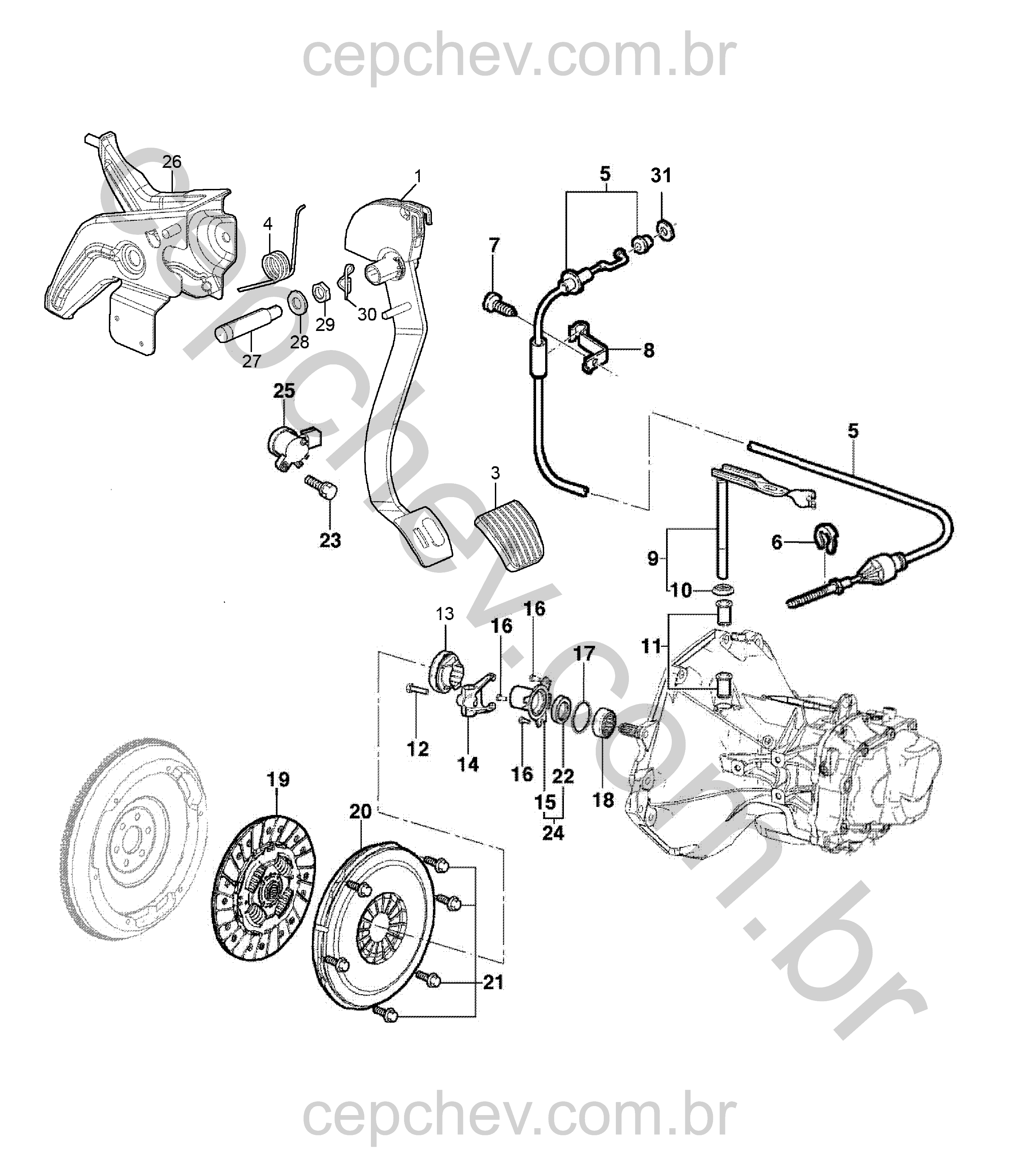 Embreagem (LKF,LJ1,LHD) (2011–2014) com pedal, cabo e componentes de acionamento