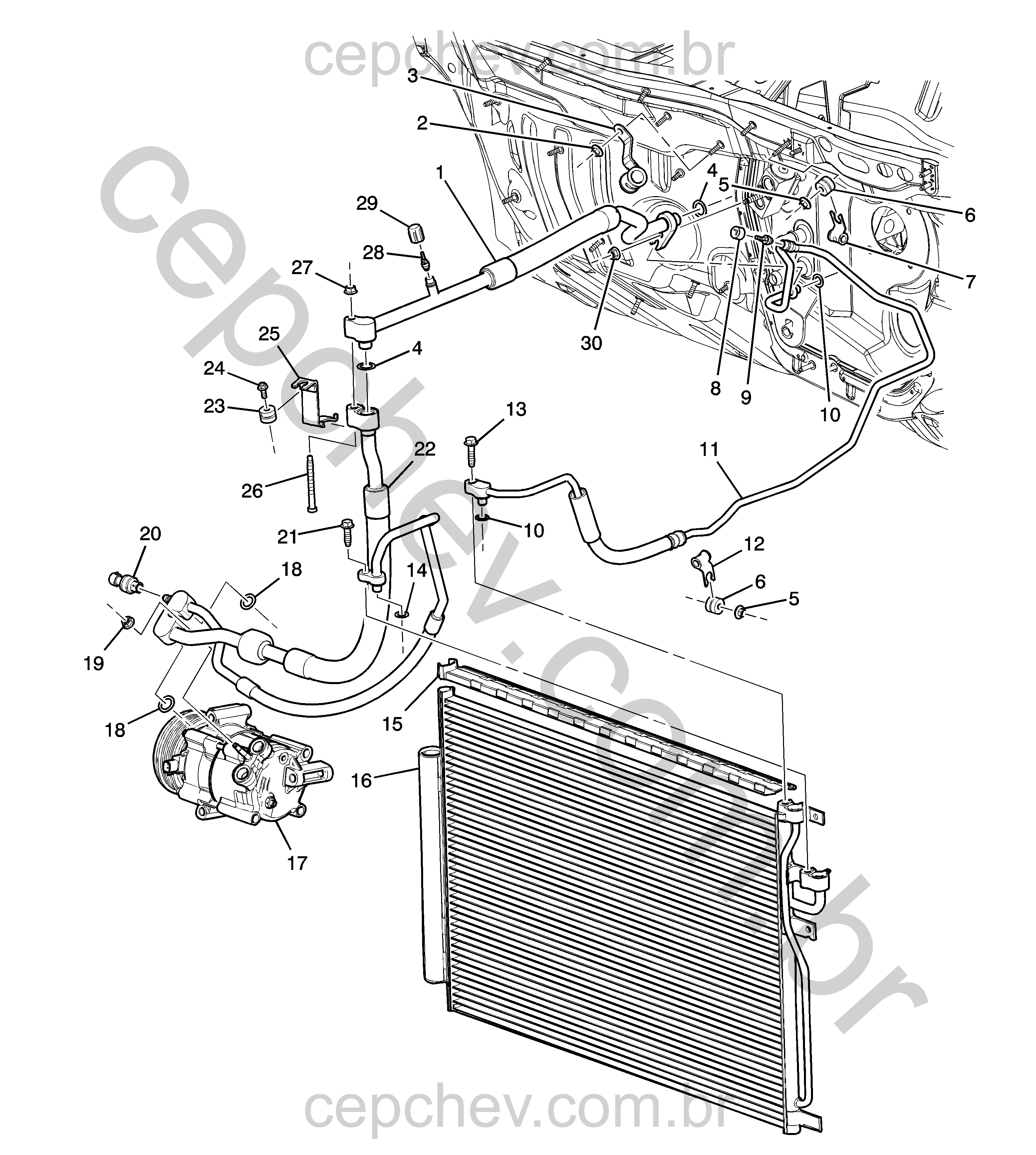 Sistema de refrigeração do ar-condicionado (LE9/2,4) com compressor e mangueiras