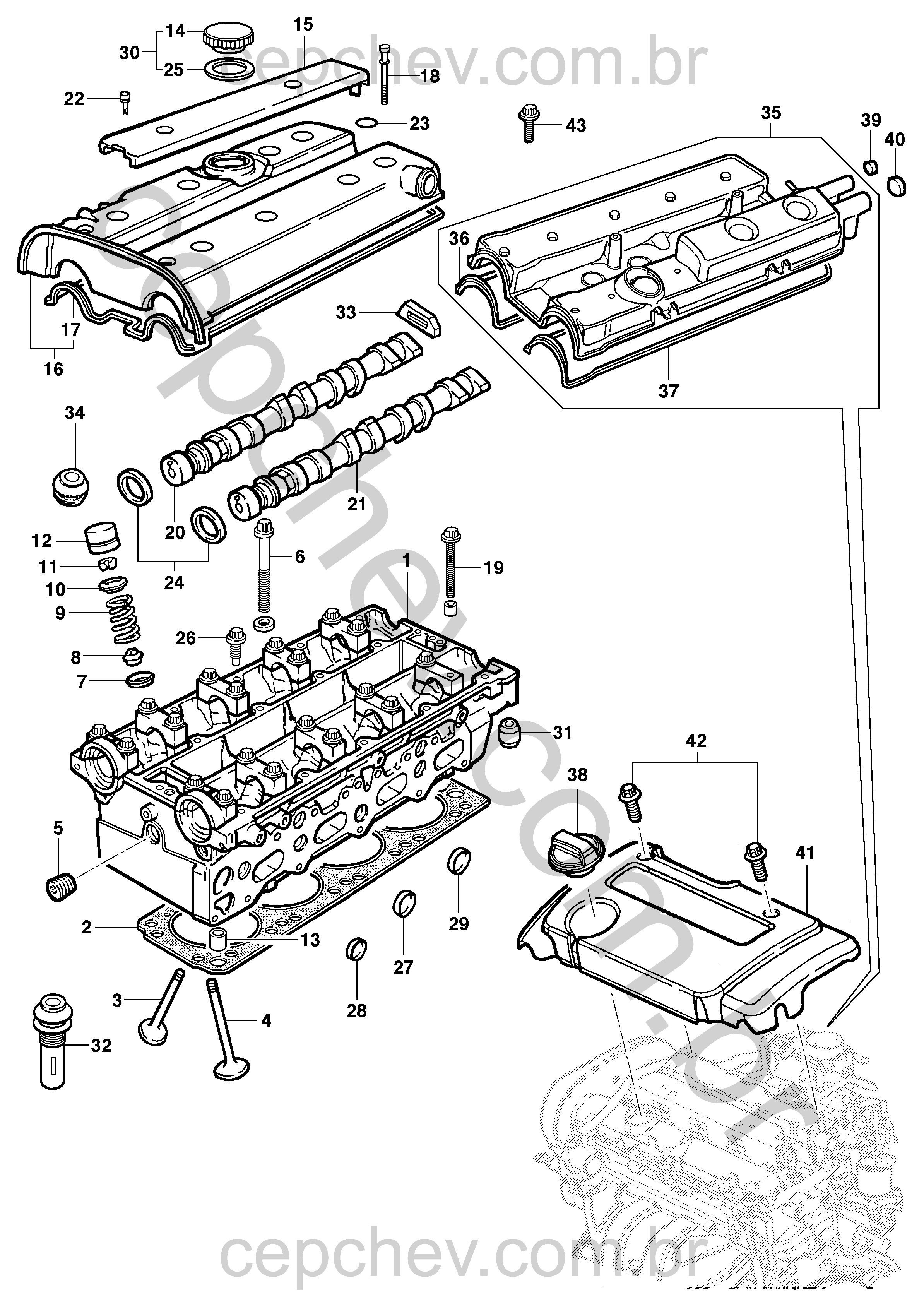 Cabeçote do motor 16V com válvulas, árvore de comando e acessórios básicos